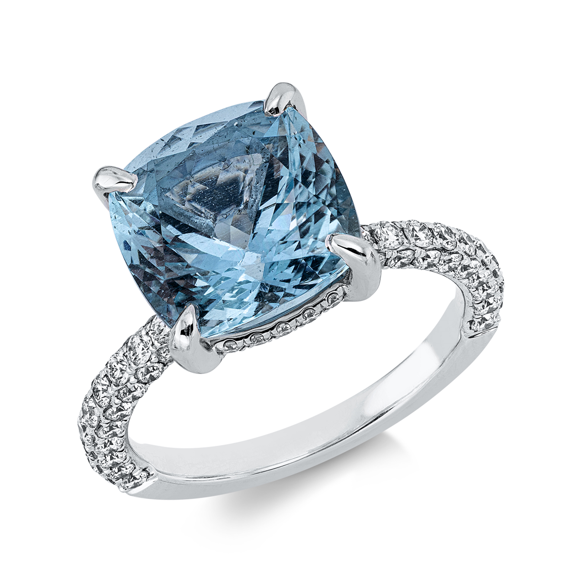 diamond full cut aquamarine colored stone classic ring in white gold