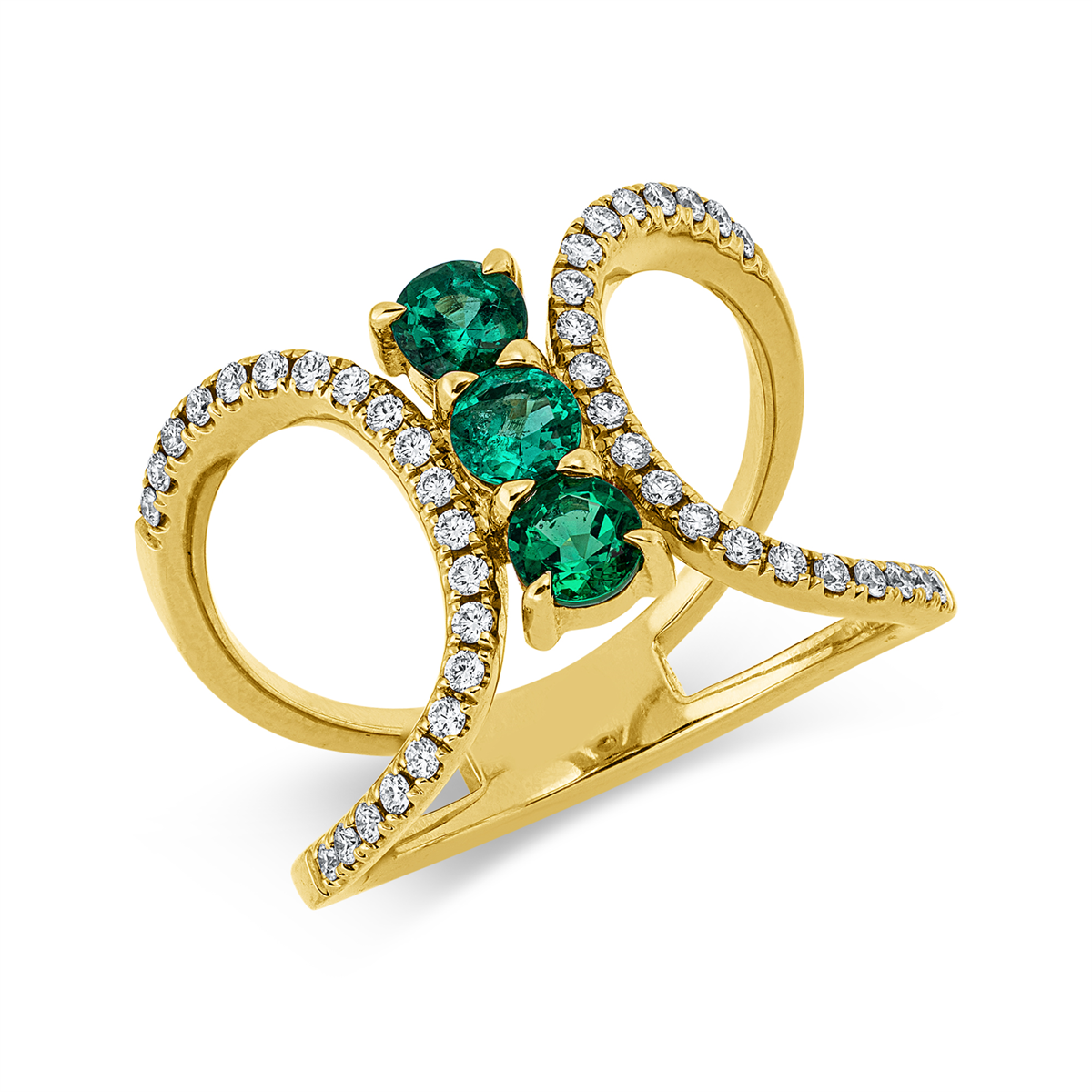 diamond full cut emerald colored stone classic ring in yellow gold