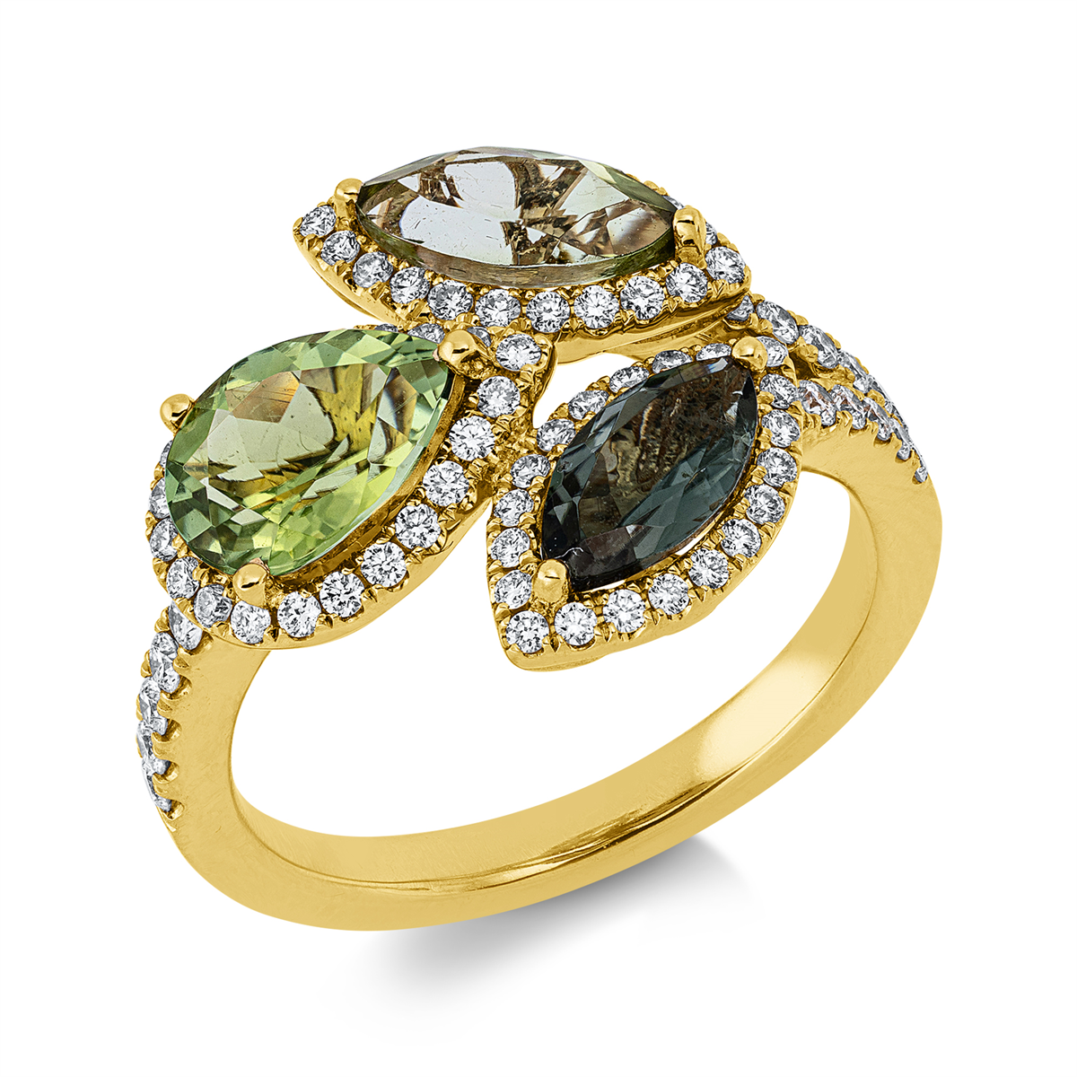 diamond full cut tourmaline colored stone classic ring in yellow gold