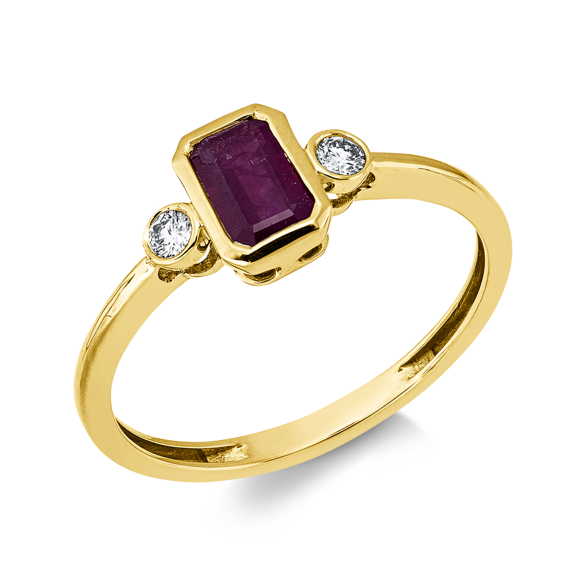 diamond full cut ruby colored stone classic ring in yellow gold
