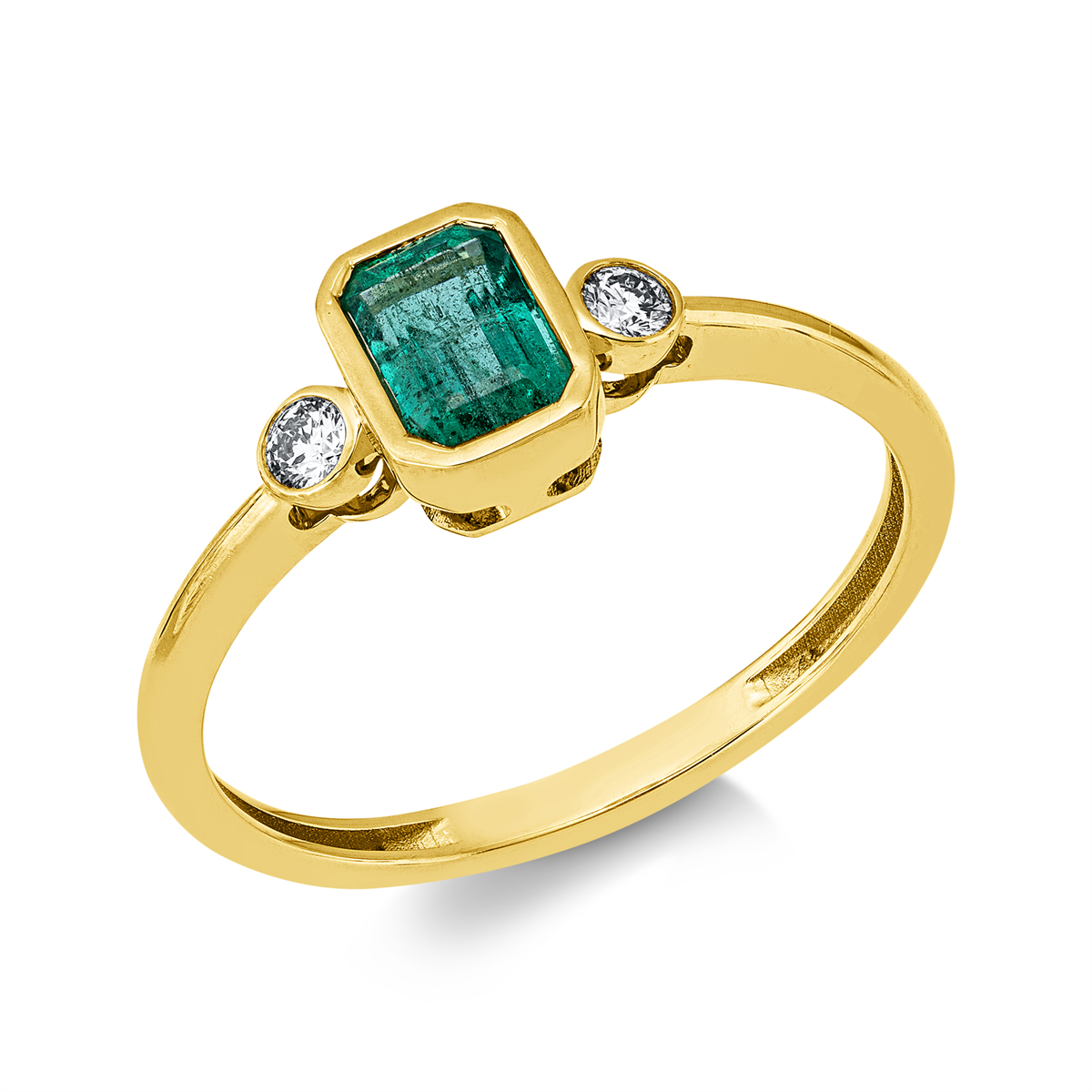 diamond full cut emerald colored stone classic ring in yellow gold