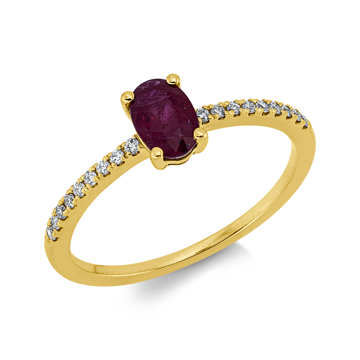 diamond full cut ruby colored stone classic ring in yellow gold