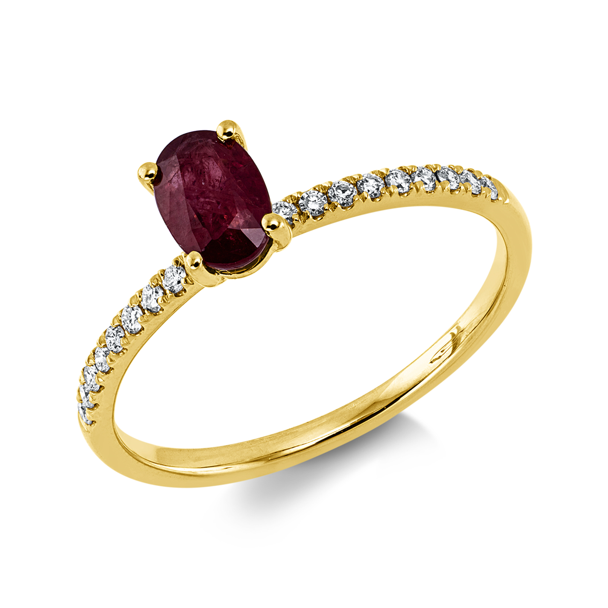 diamond full cut ruby colored stone classic ring in yellow gold