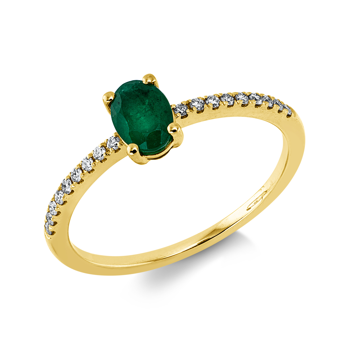 diamond full cut emerald colored stone classic ring in yellow gold