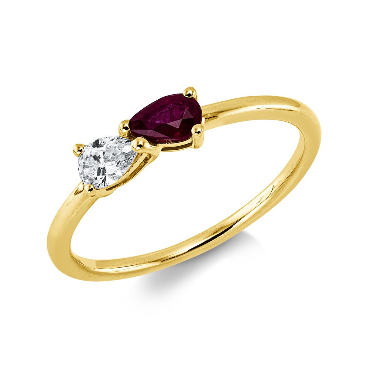 pear shape ruby colored stone classic ring in yellow gold