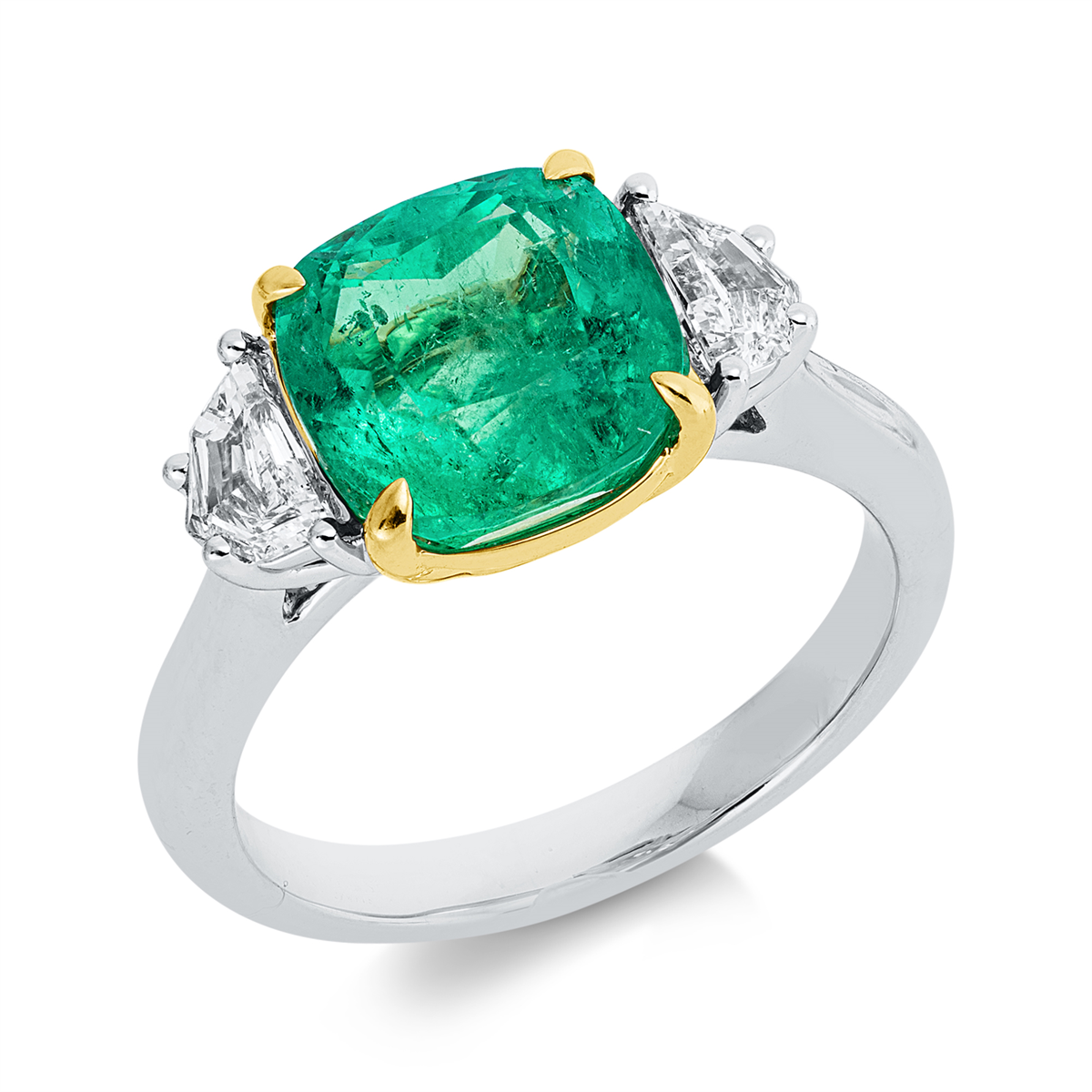 fantasy-cut emerald colored stone classic ring in yellow gold platinum 950
