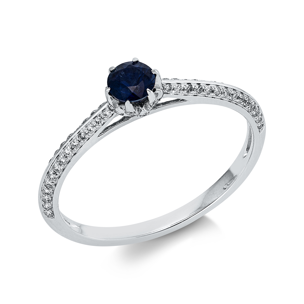 diamond full cut sapphire colored stone classic ring in white gold