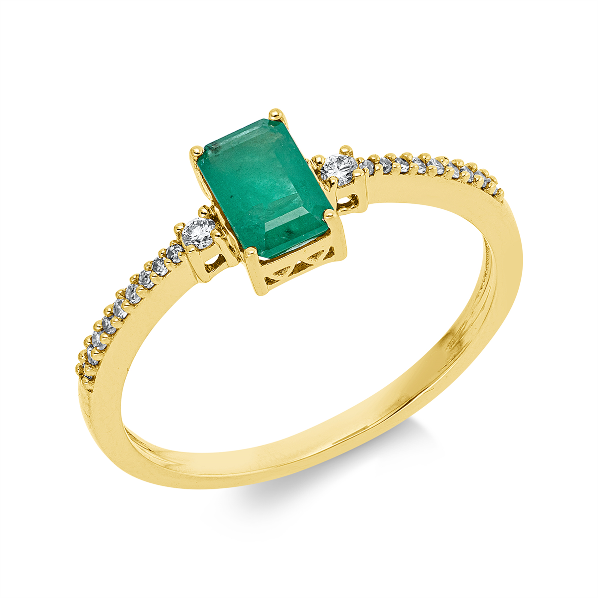 diamond full cut emerald colored stone classic ring in yellow gold