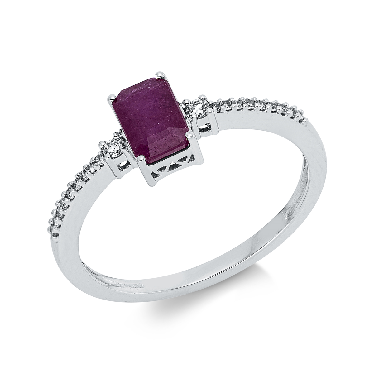 diamond full cut ruby colored stone classic ring in white gold