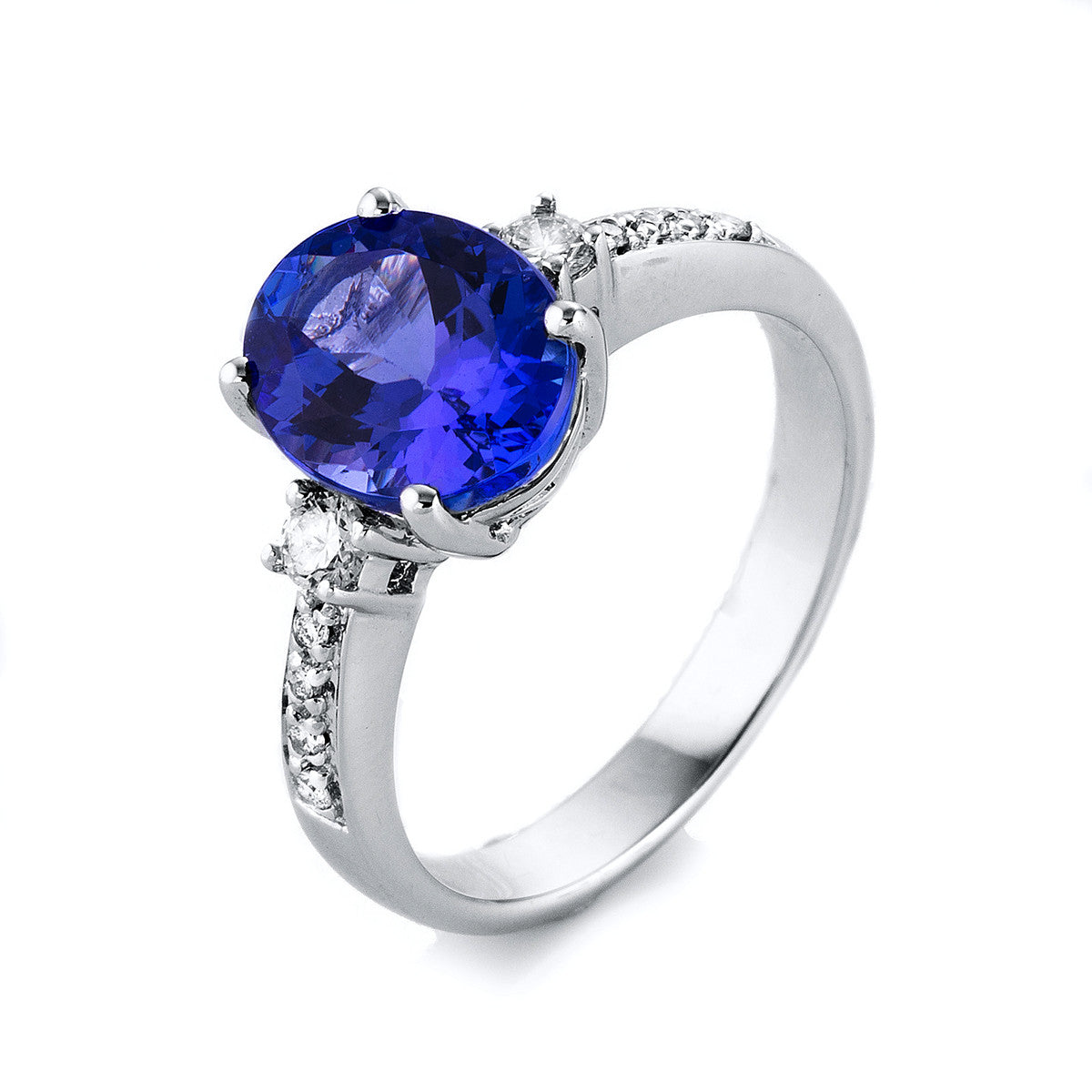 diamond full cut tanzanite colored stone classic ring in white gold