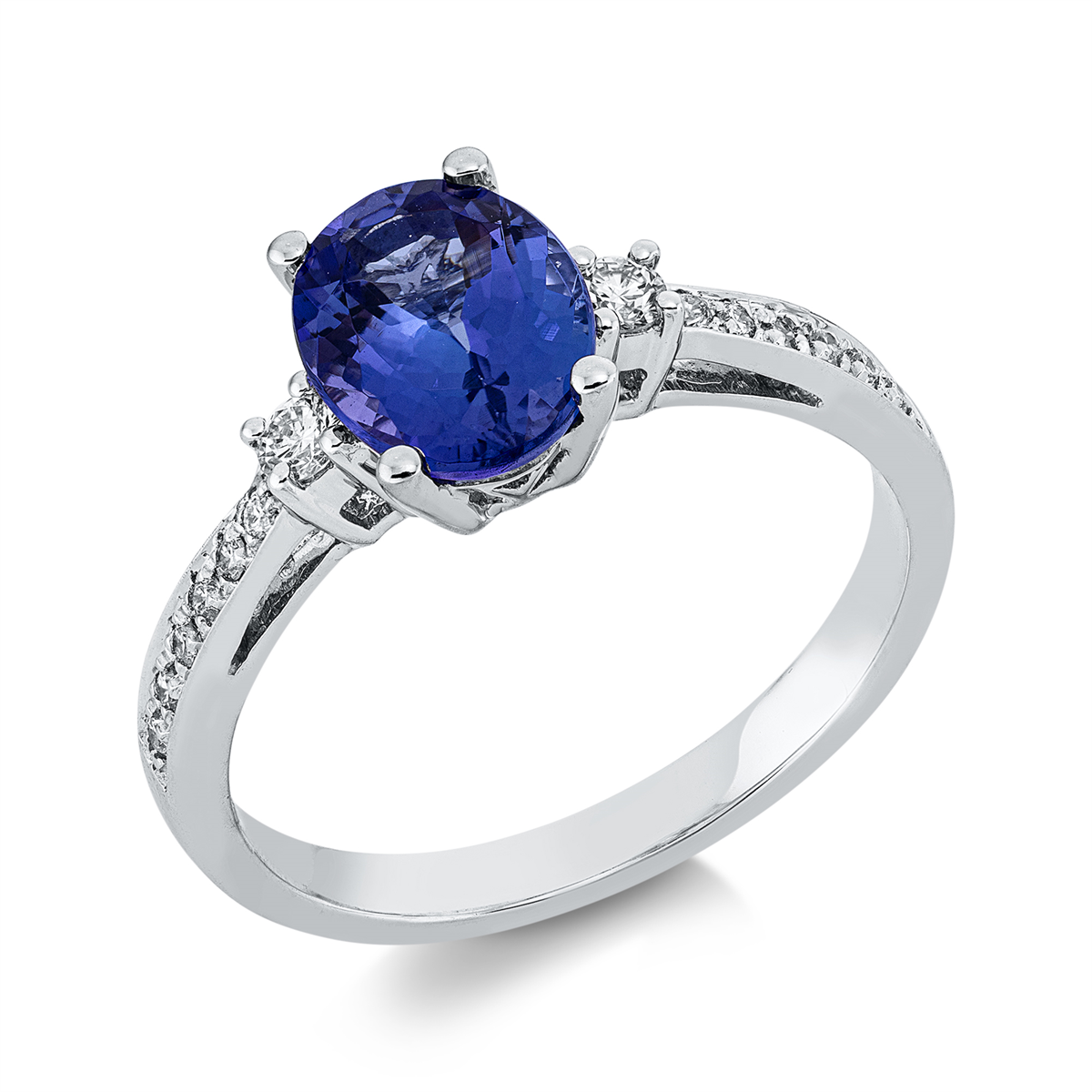 diamond full cut tanzanite colored stone classic ring in white gold