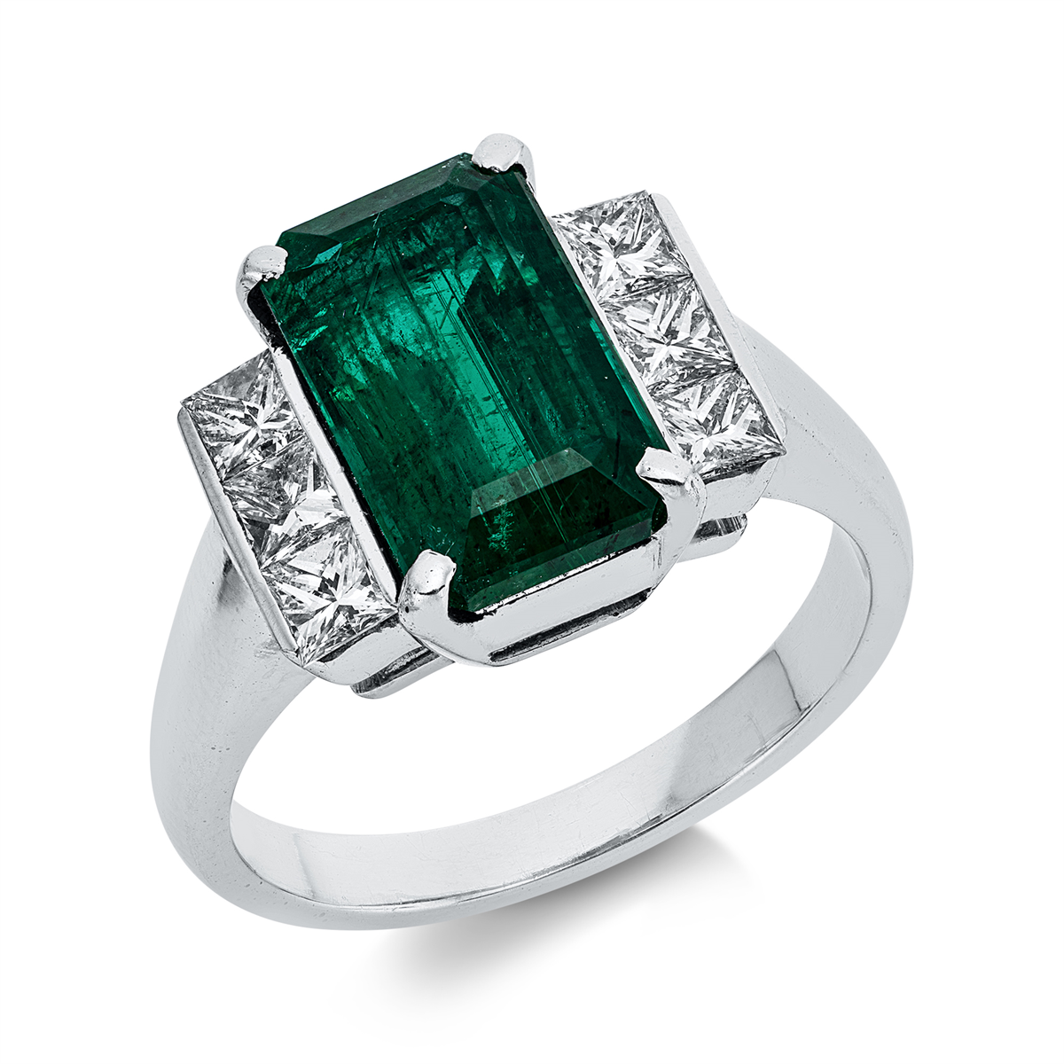 princess emerald colored stone classic ring in white gold