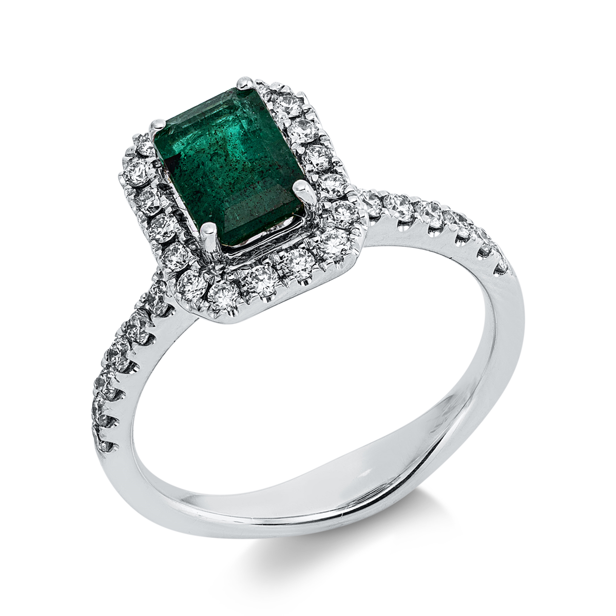 diamond full cut emerald colored stone classic ring in white gold
