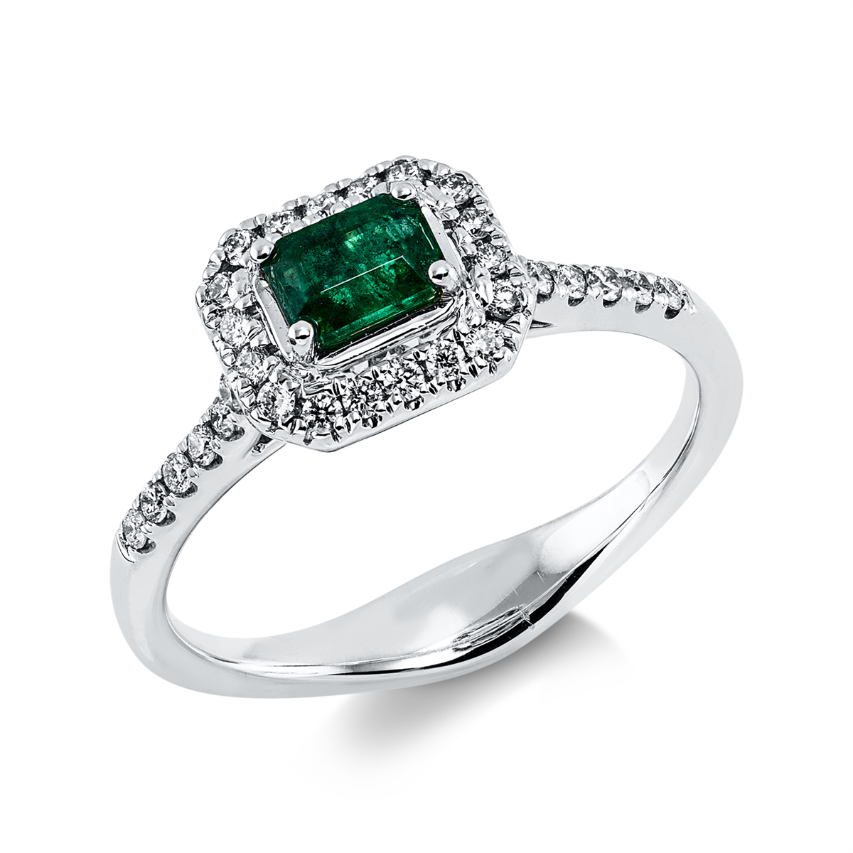 diamond full cut emerald colored stone classic ring in white gold