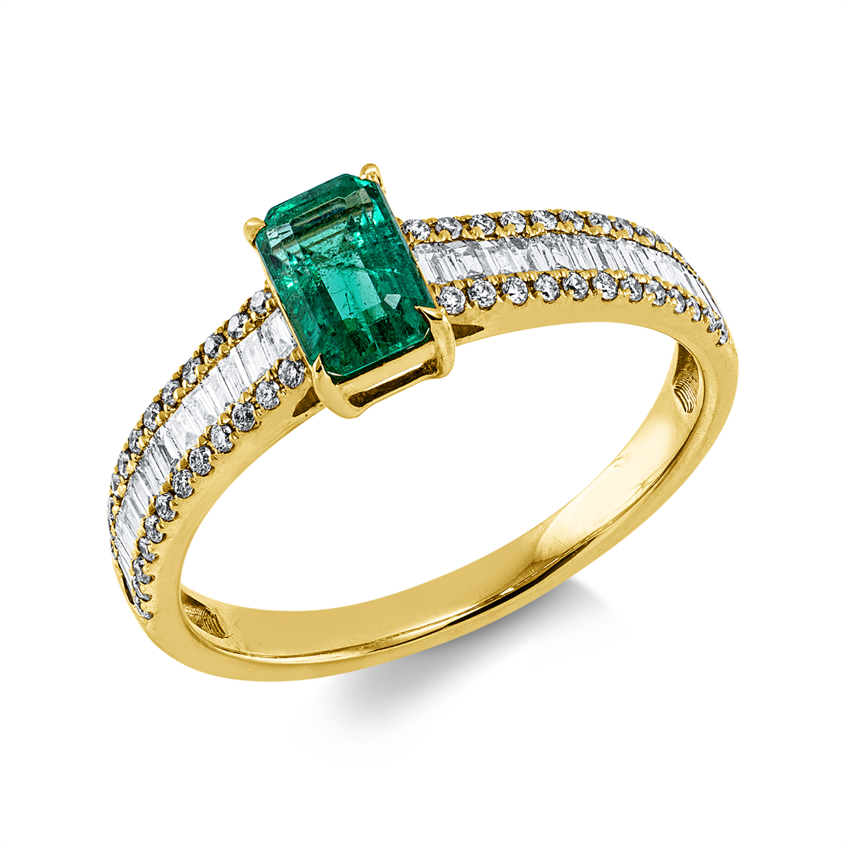diamond full cut emerald colored stone classic ring in yellow gold