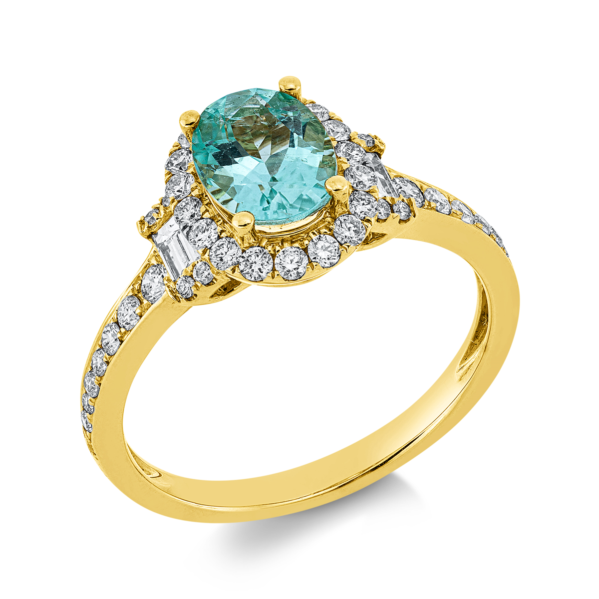 diamond full cut paraiba colored stone classic ring in yellow gold