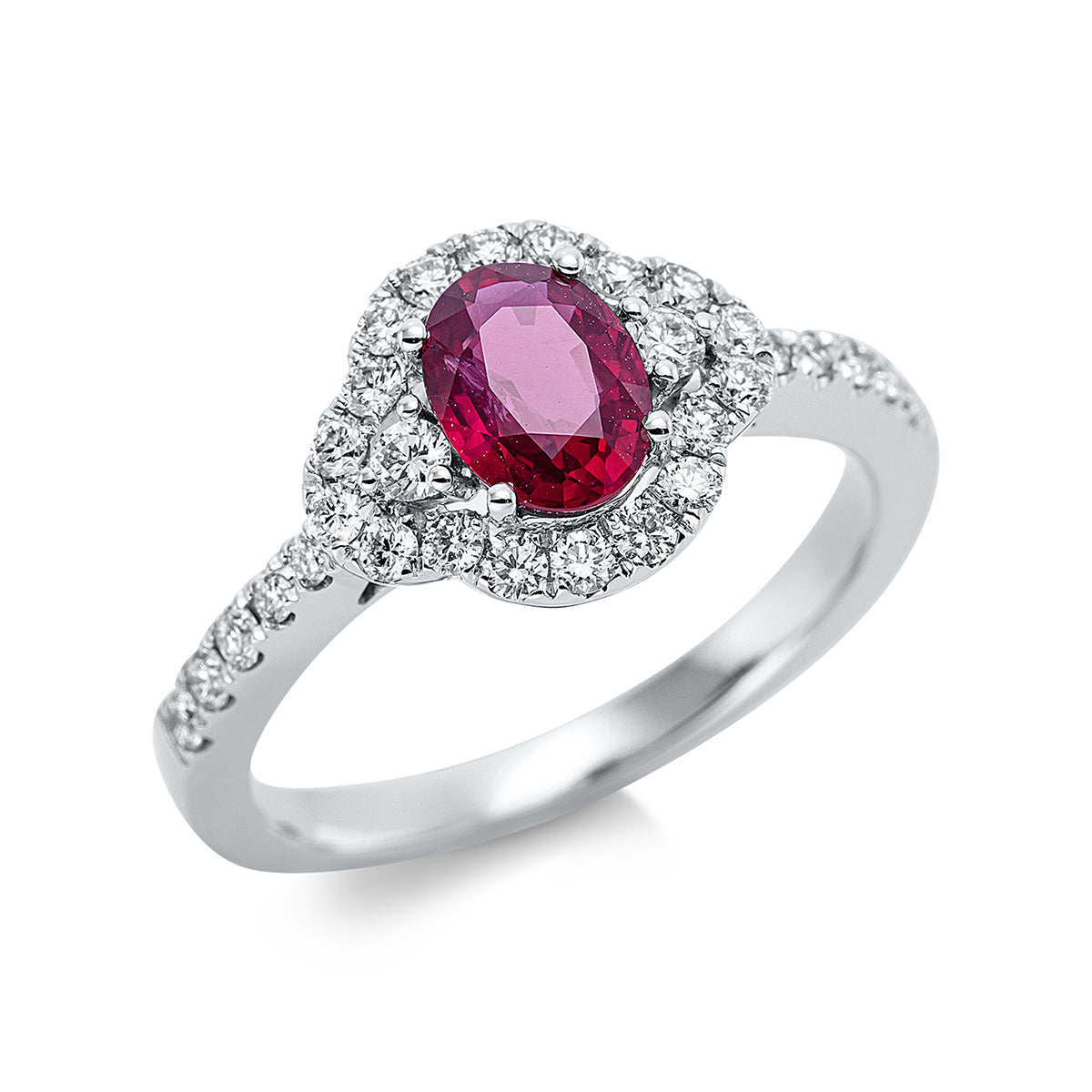 diamond full cut ruby colored stone classic ring in white gold