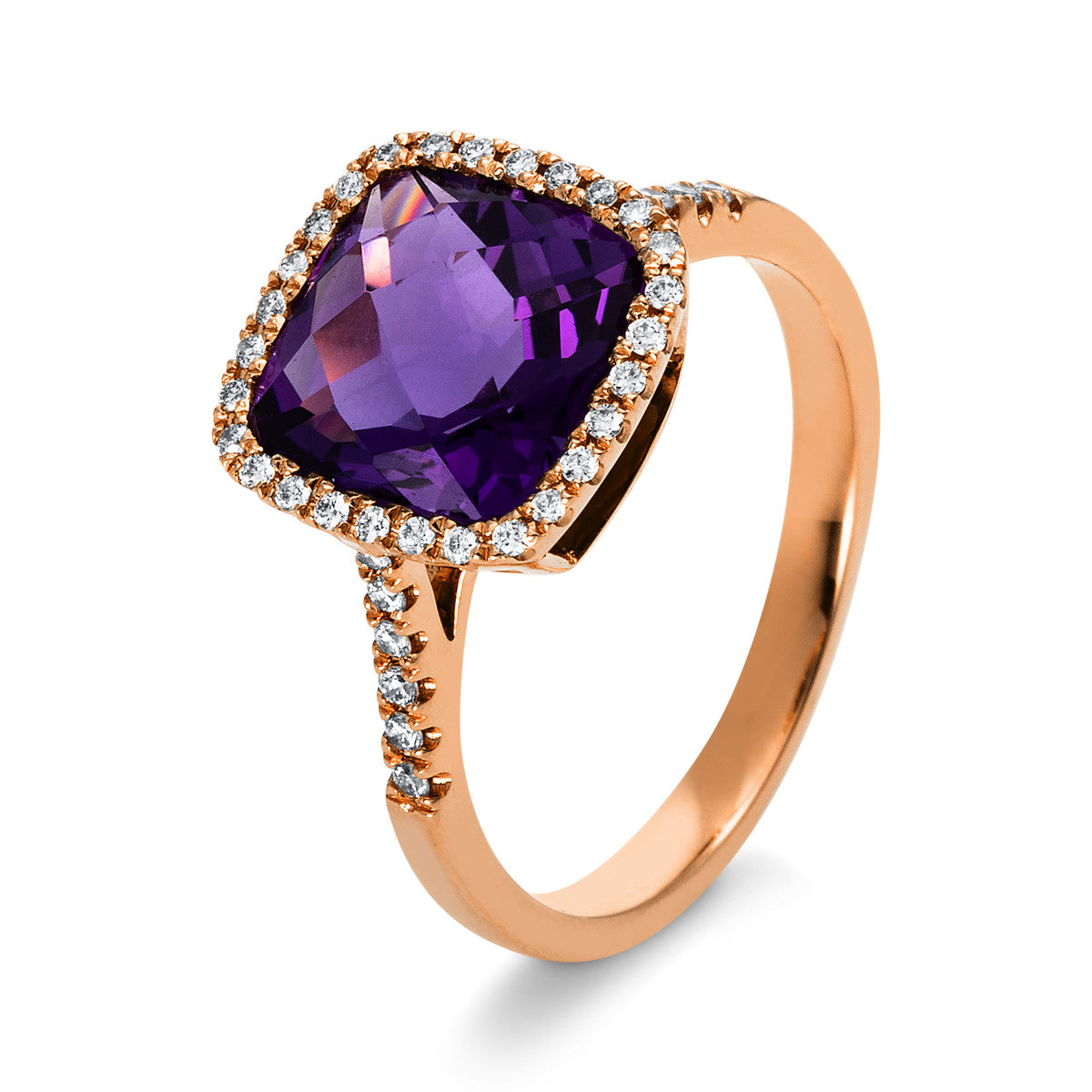 diamond full cut amethyst colored stone fashion ring in red gold