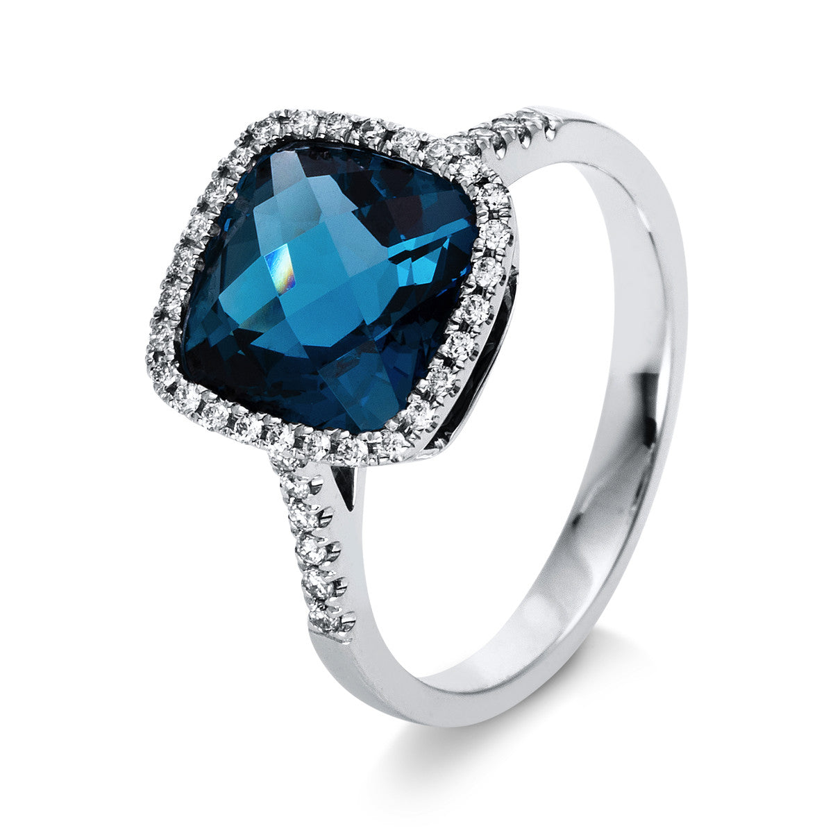 diamond full cut blue topaz colored stone classic ring in white gold