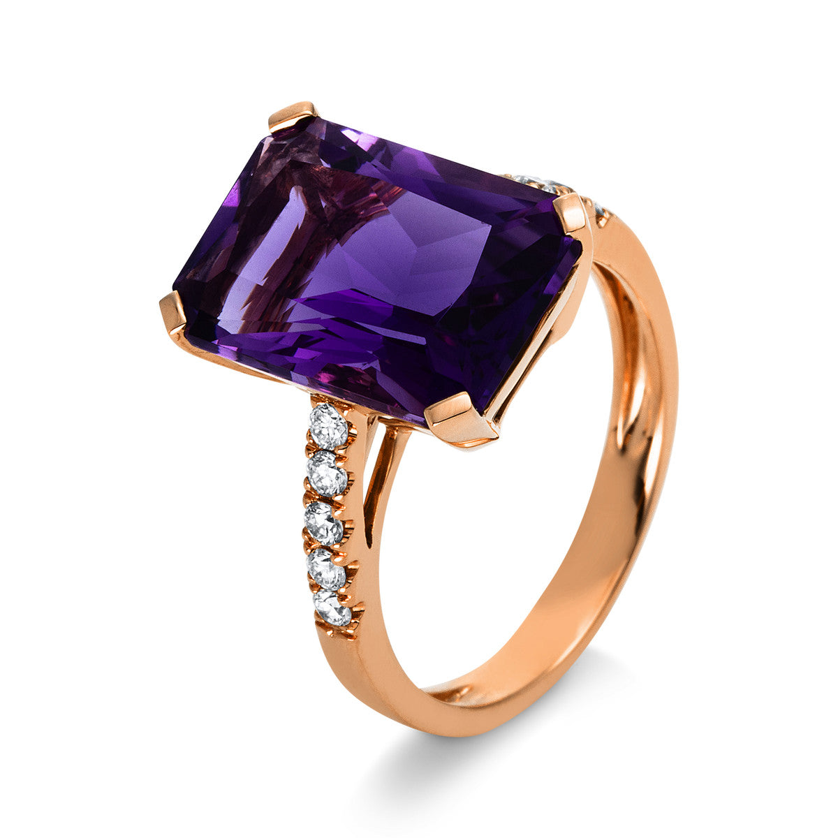 diamond full cut amethyst colored stone fashion ring in red gold