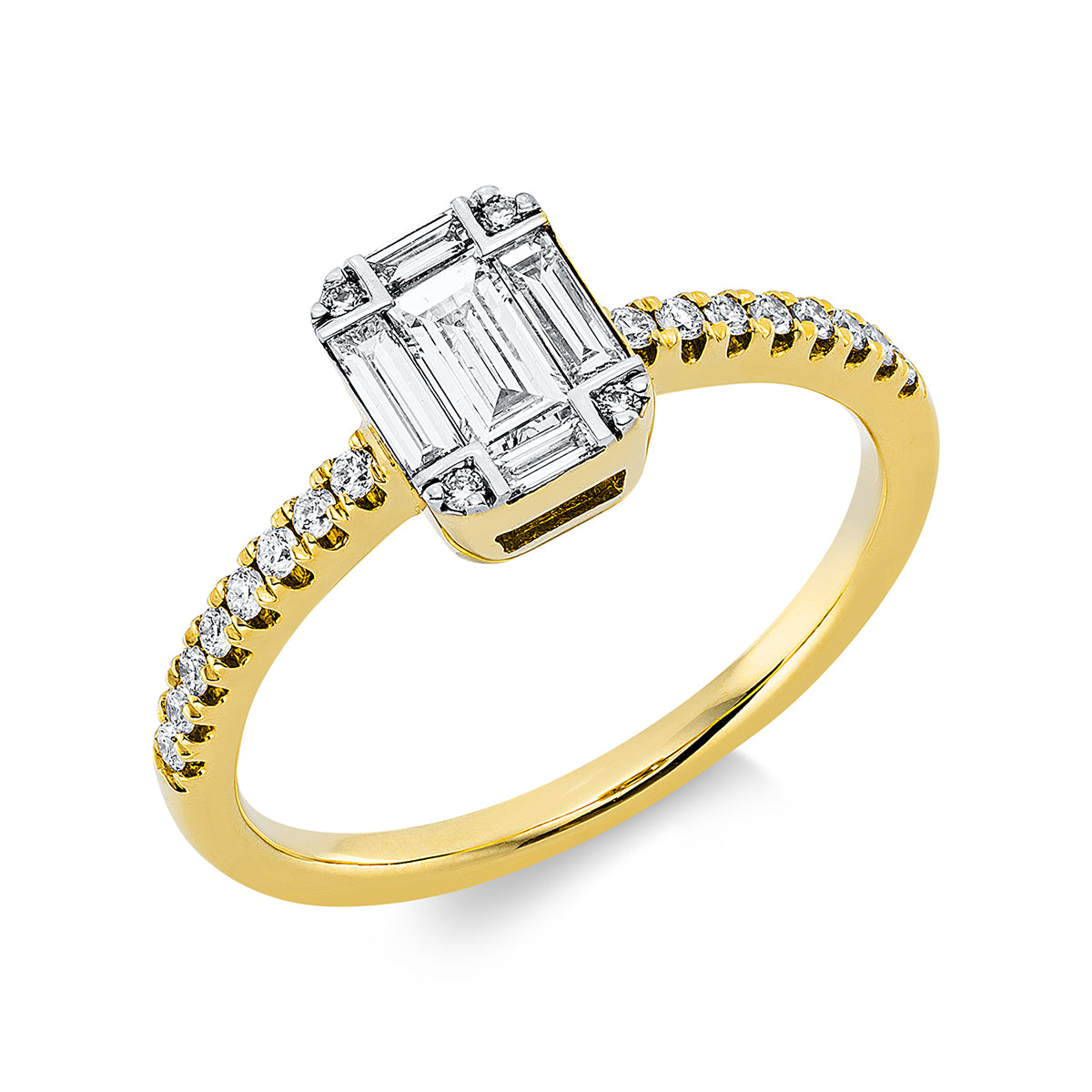 diamond full cut baguette illusion ring in yellow gold