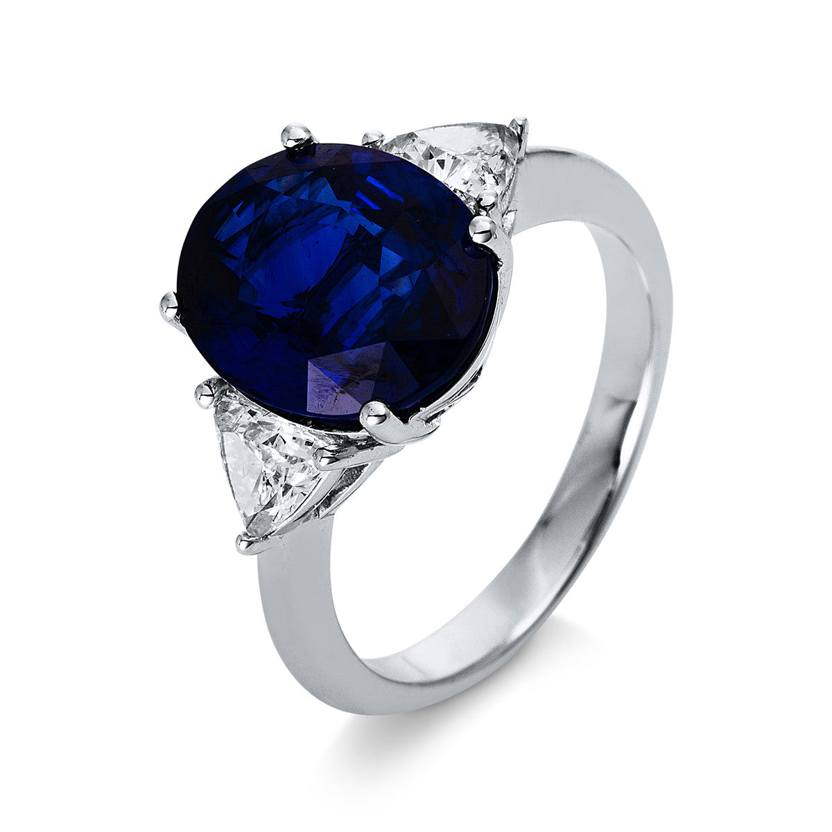 triangle cut sapphire colored stone classic ring in white gold