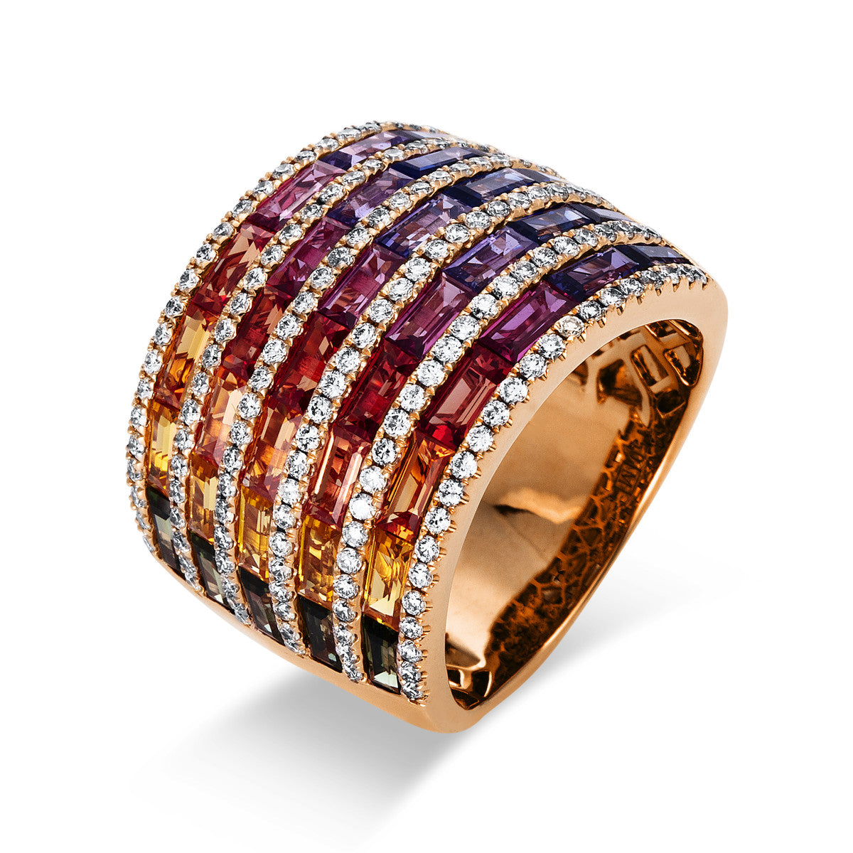diamond full cut sapphire rainbow & multicolor ring in red gold