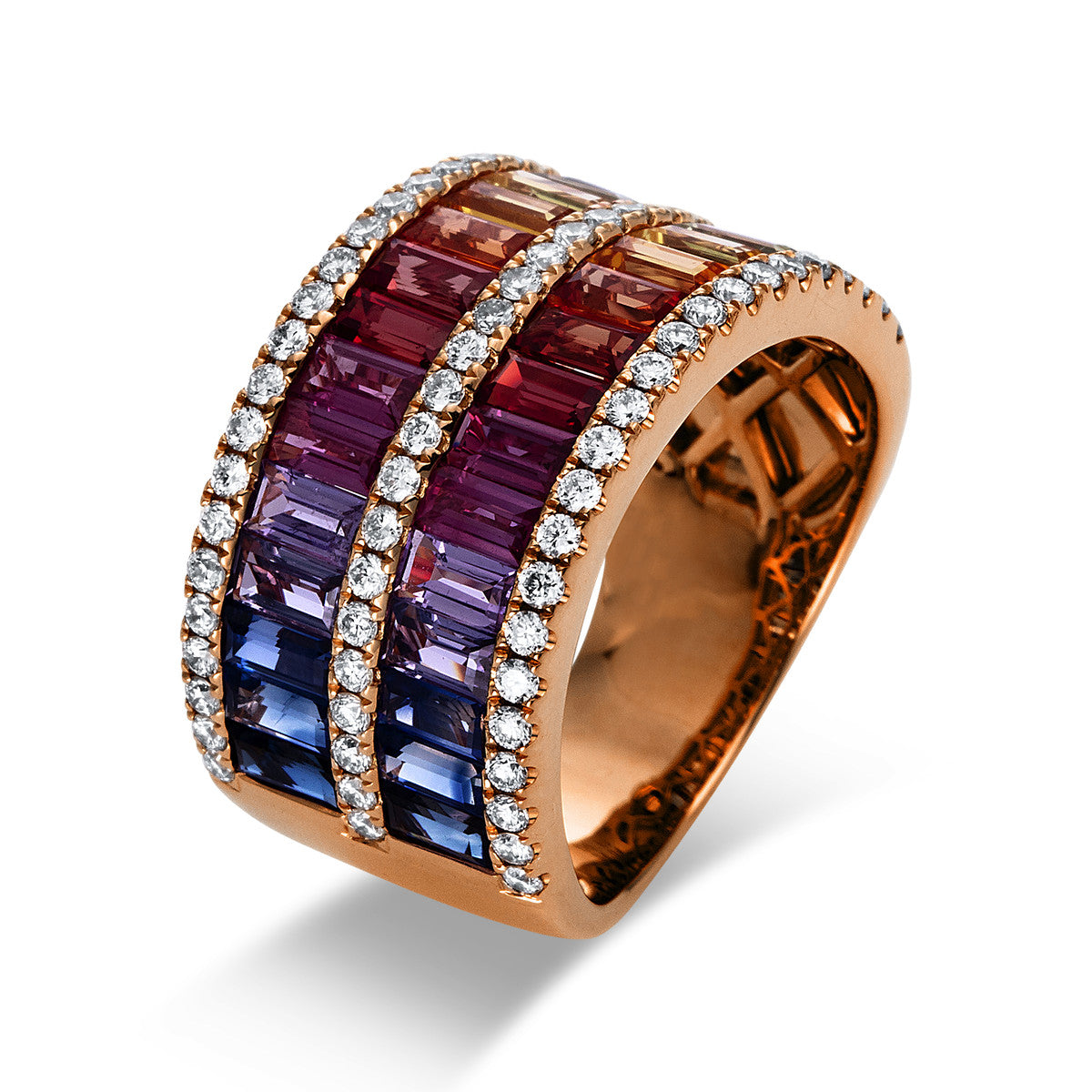 diamond full cut sapphire rainbow & multicolor ring in red gold