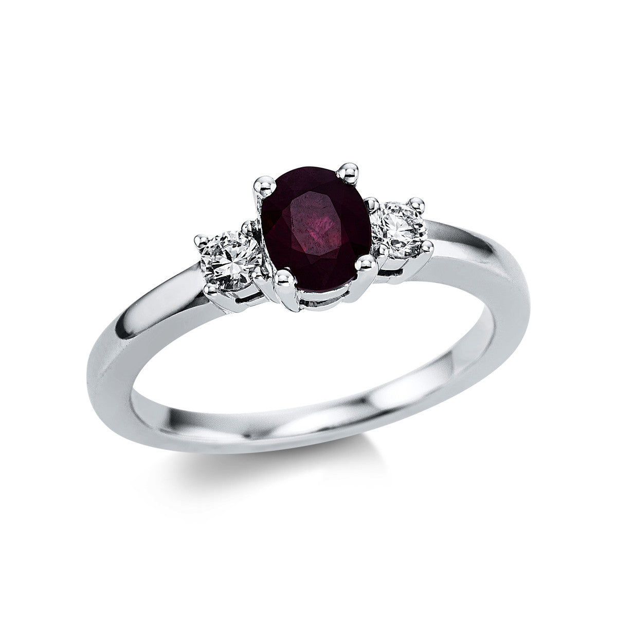 diamond full cut ruby colored stone classic ring in white gold