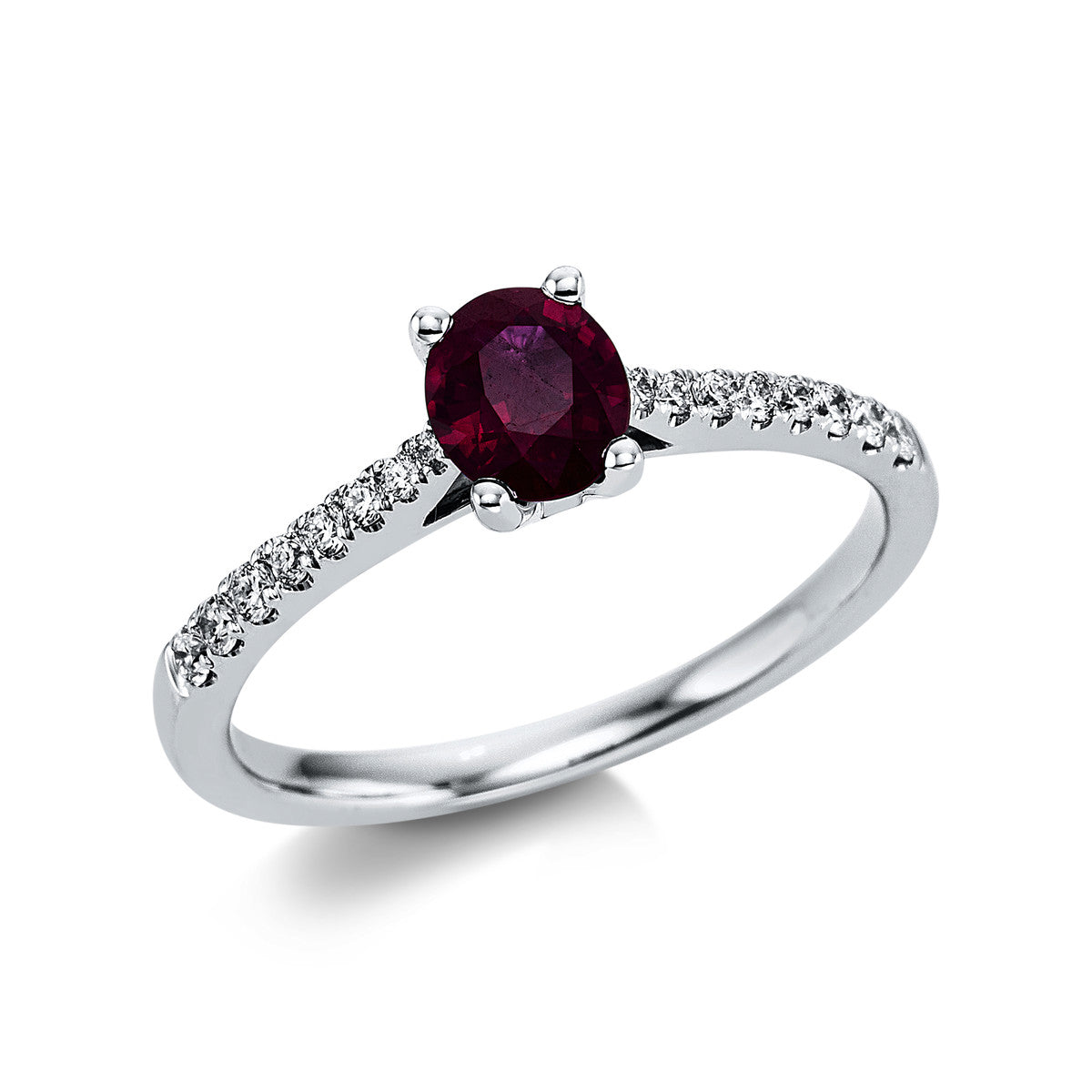 diamond full cut ruby colored stone classic ring in white gold