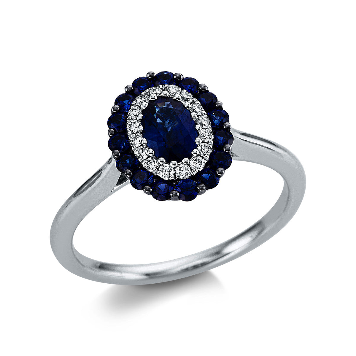 diamond full cut sapphire colored stone classic ring in white gold
