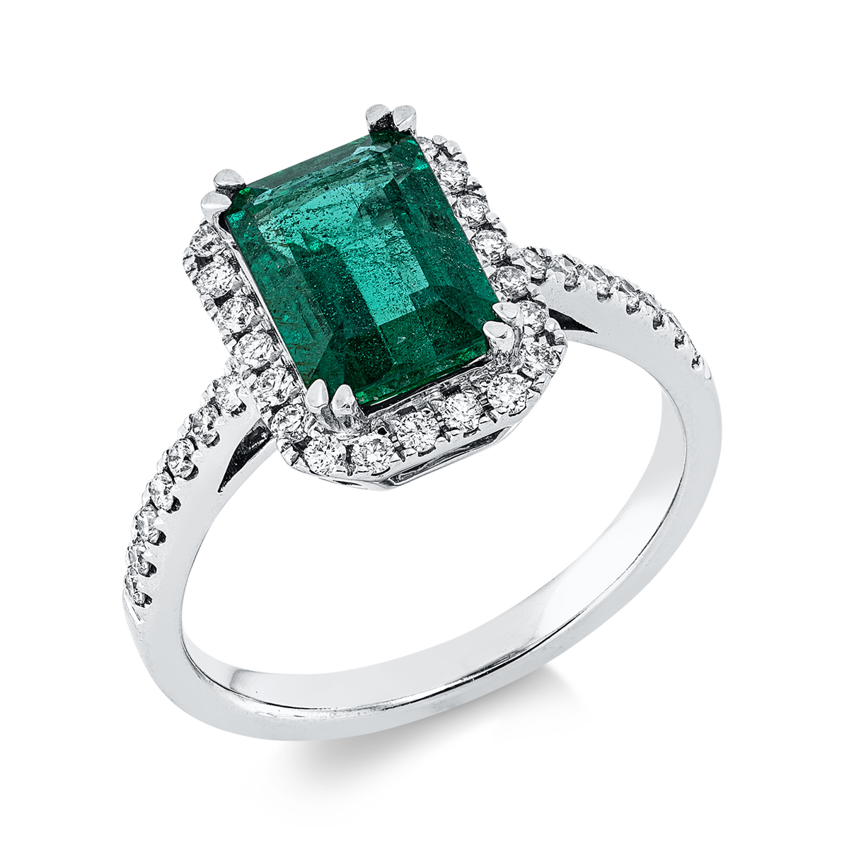 diamond full cut emerald colored stone classic ring in white gold