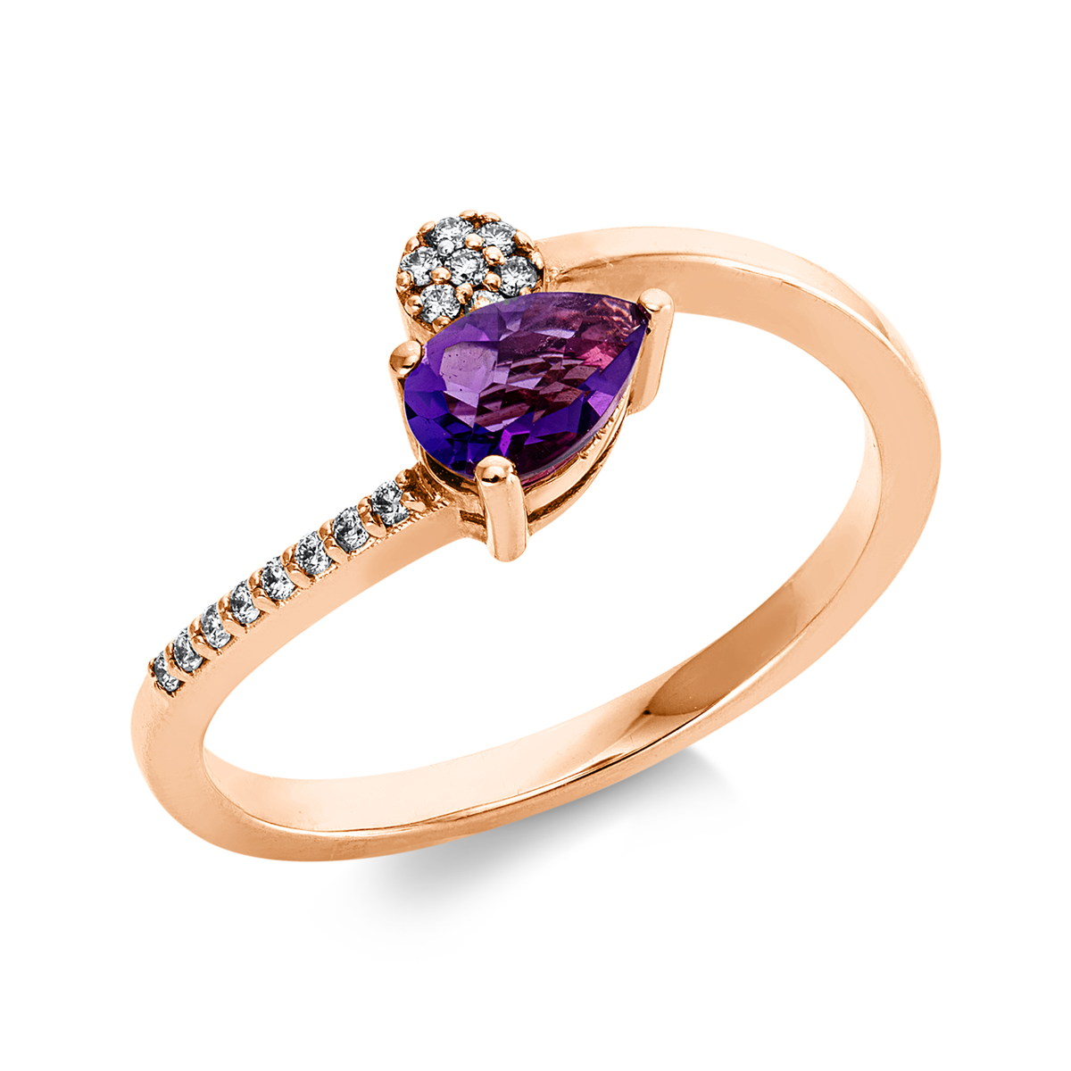 diamond full cut amethyst colored stone fashion ring in red gold