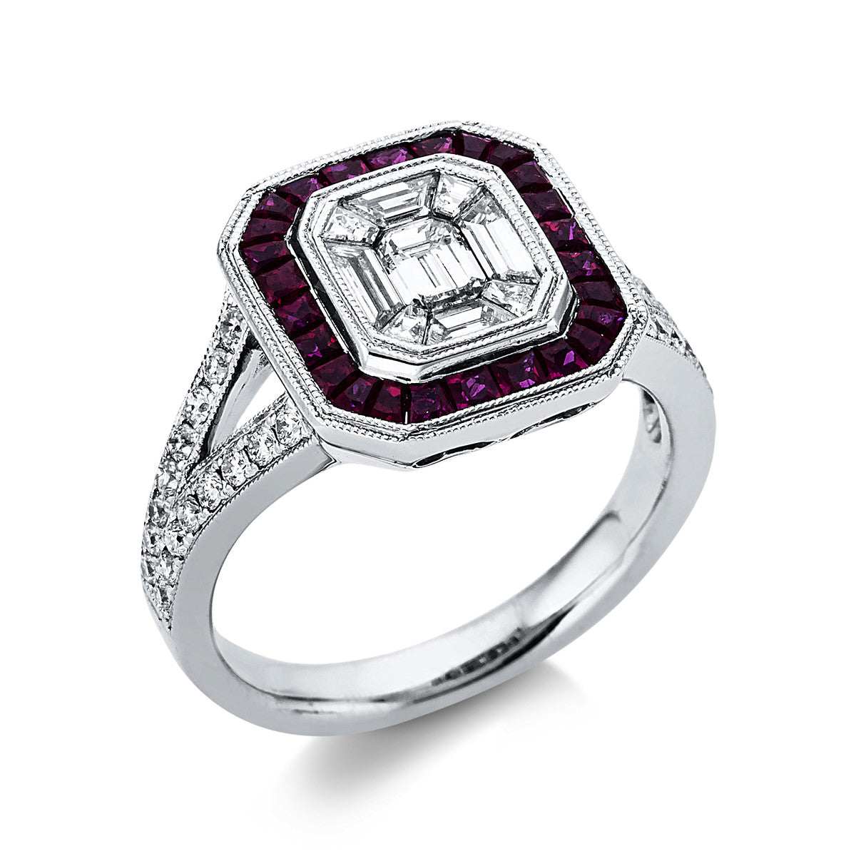 diamond full cut ruby colored stone classic ring in white gold