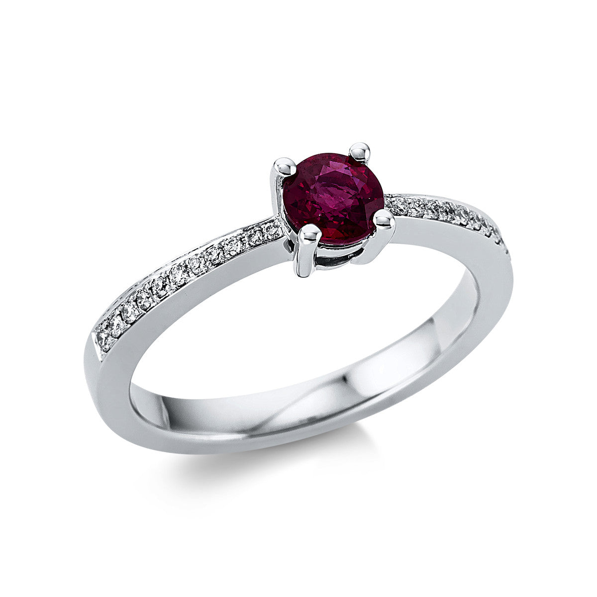diamond full cut ruby colored stone classic ring in white gold