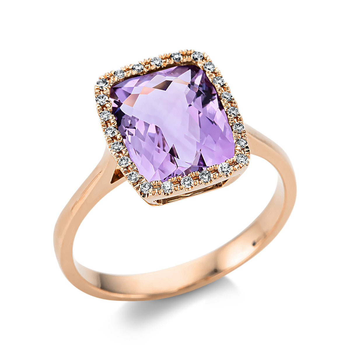 diamond full cut amethyst colored stone fashion ring in red gold