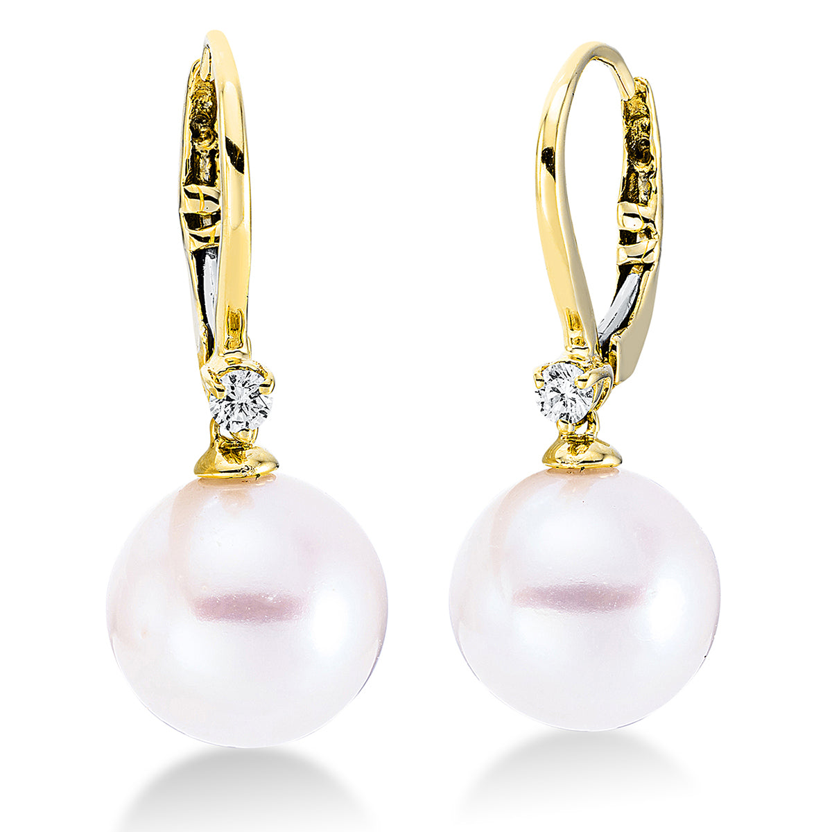 diamond full cut pearl earrings in yellow gold