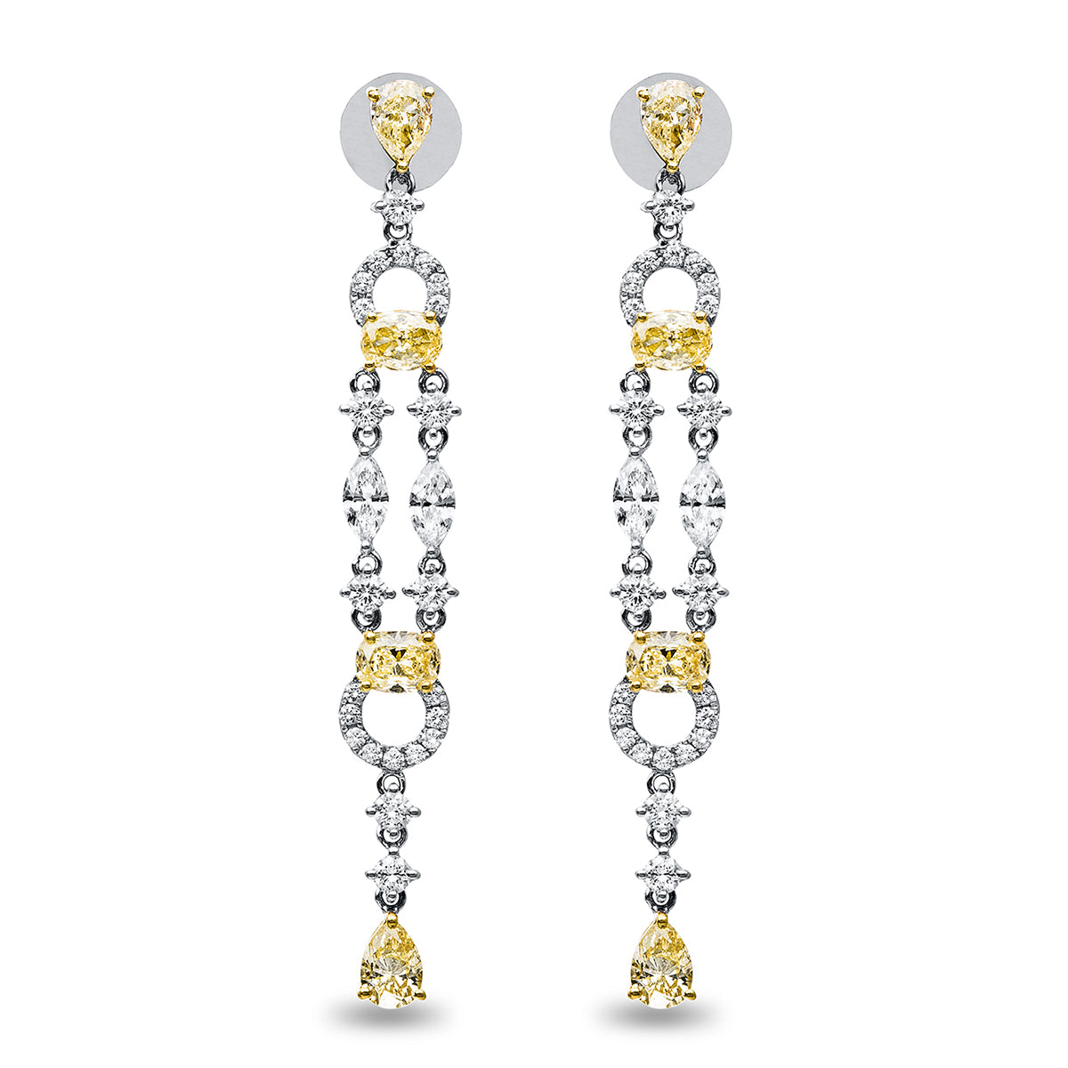 diamond full cut fancy colored diamond earrings in white gold / yellow gold