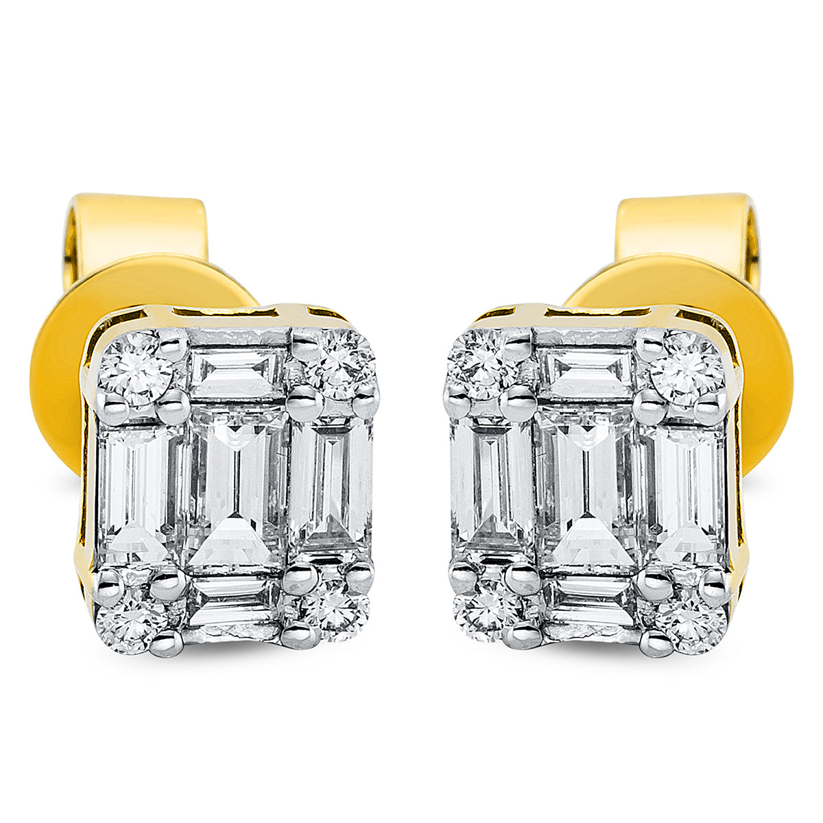 diamond full cut baguette illusion studs in yellow gold