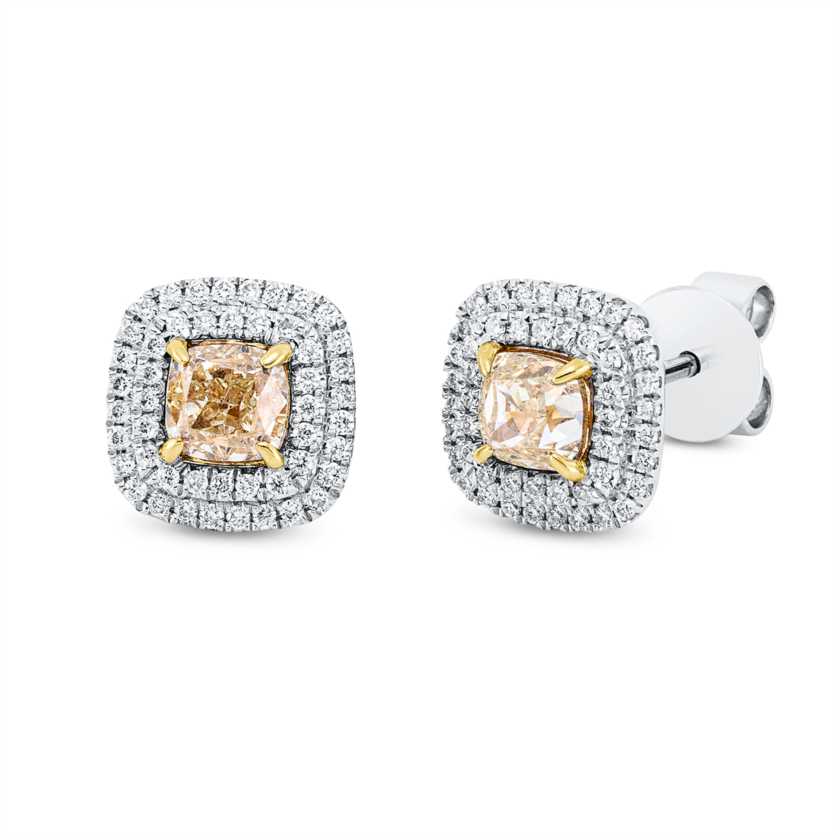 diamond full cut fancy colored diamond studs in white gold / yellow gold