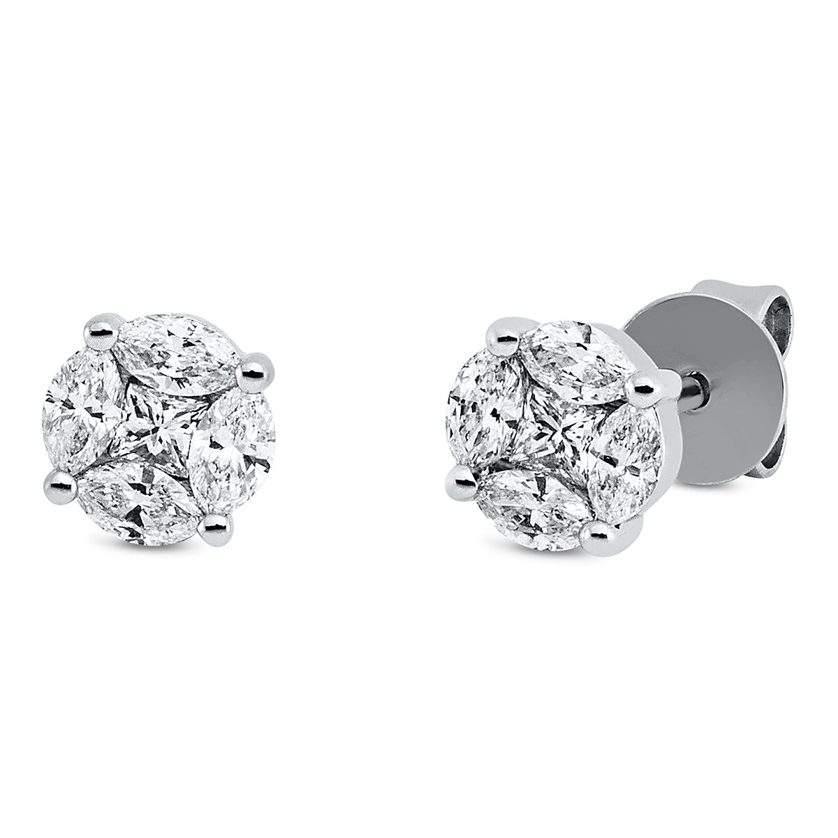marquise baguette illusion studs in white gold