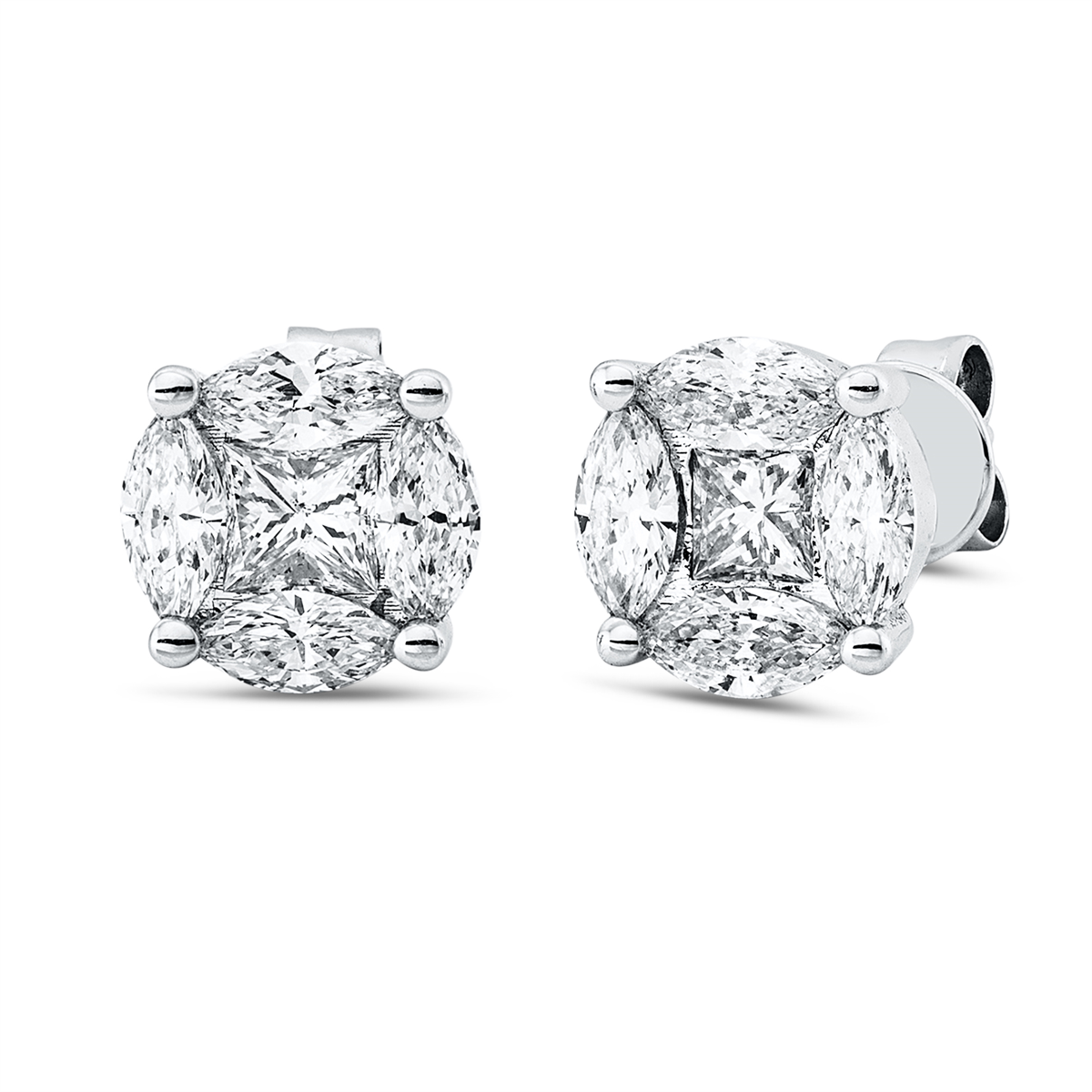 marquise baguette illusion studs in white gold