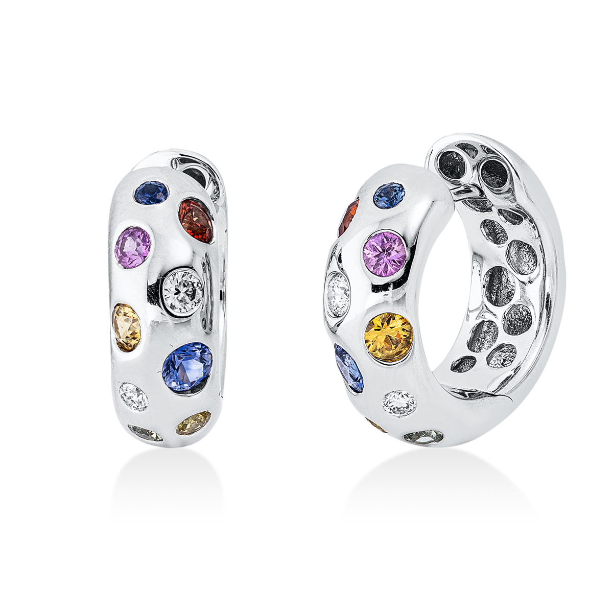 diamond full cut sapphire rainbow & multicolor hoops & huggies in white gold