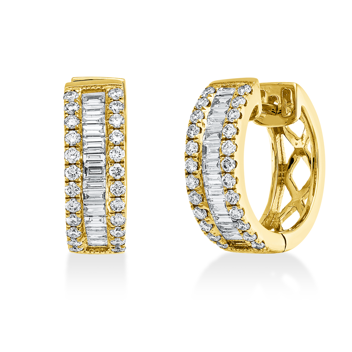 diamond full cut baguette hoops & huggies in yellow gold