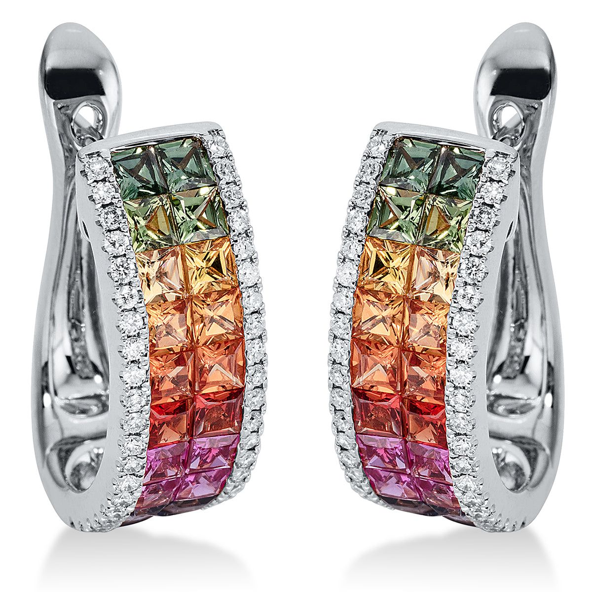 diamond full cut sapphire rainbow & multicolor hoops & huggies in white gold