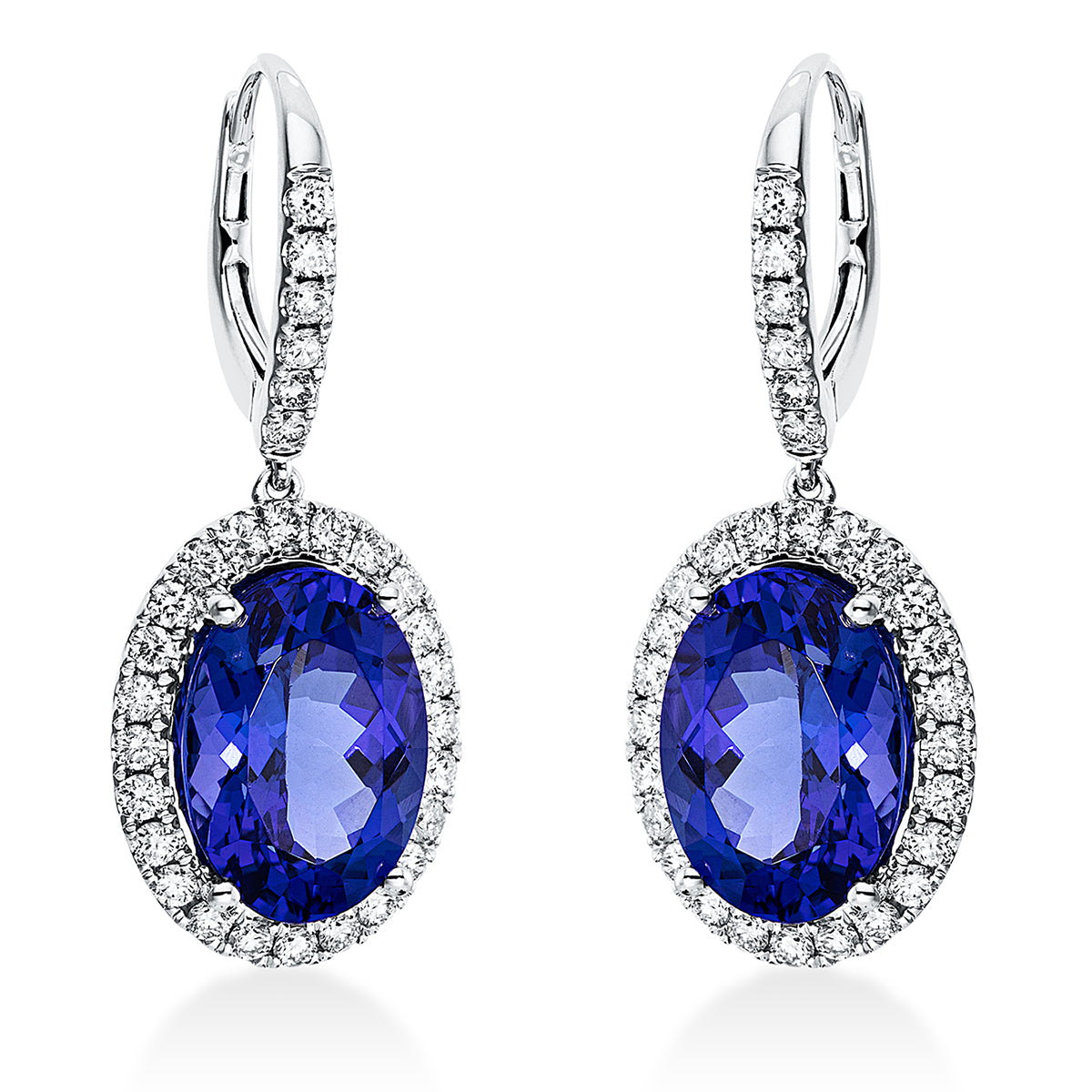 diamond full cut tanzanite colored stone classic earrings in white gold