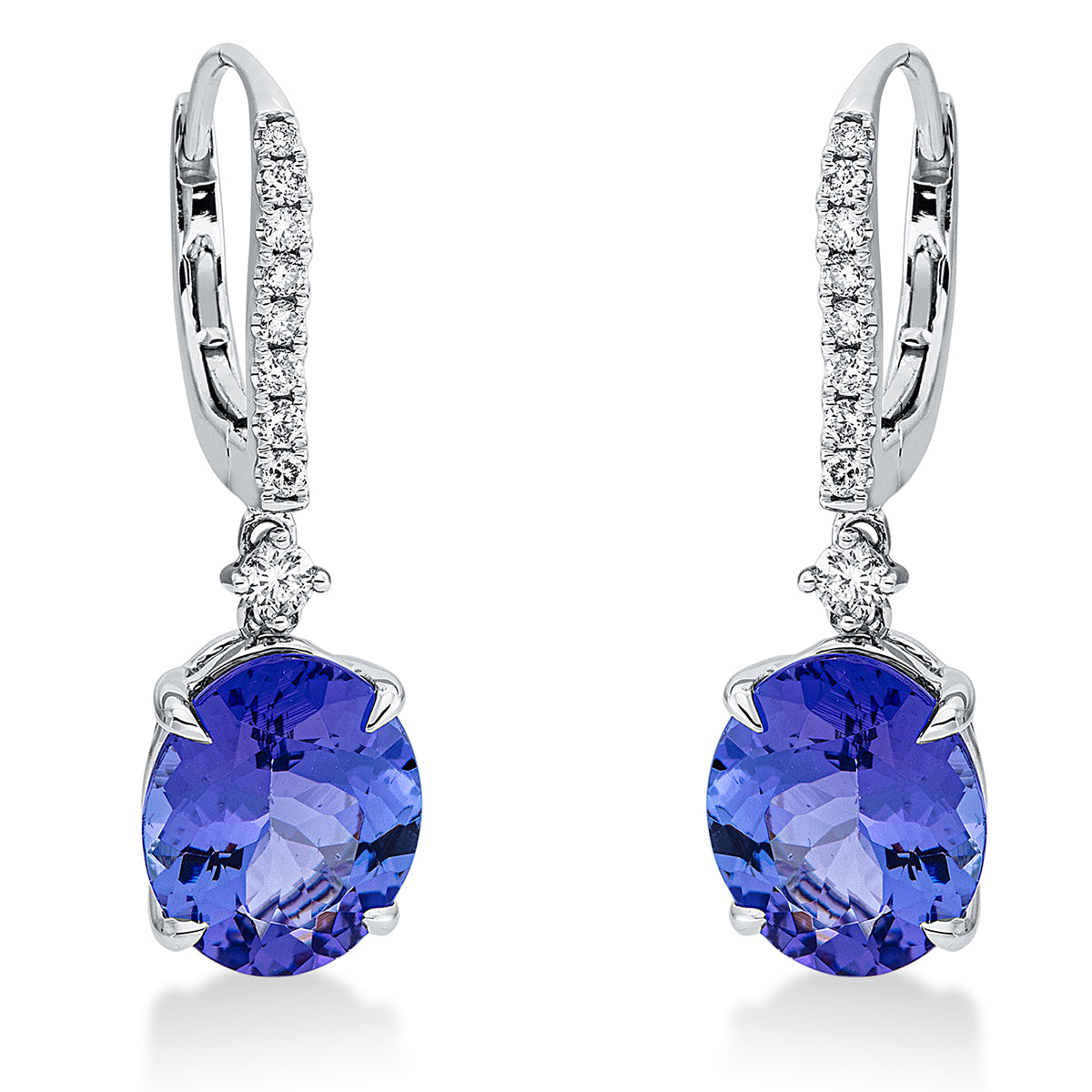 diamond full cut tanzanite colored stone classic earrings in white gold
