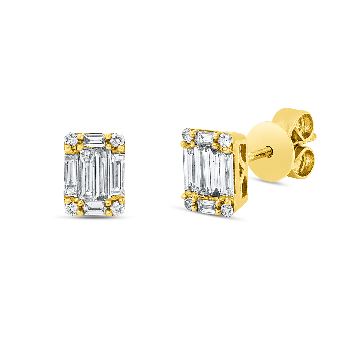 diamond full cut baguette illusion studs in yellow gold