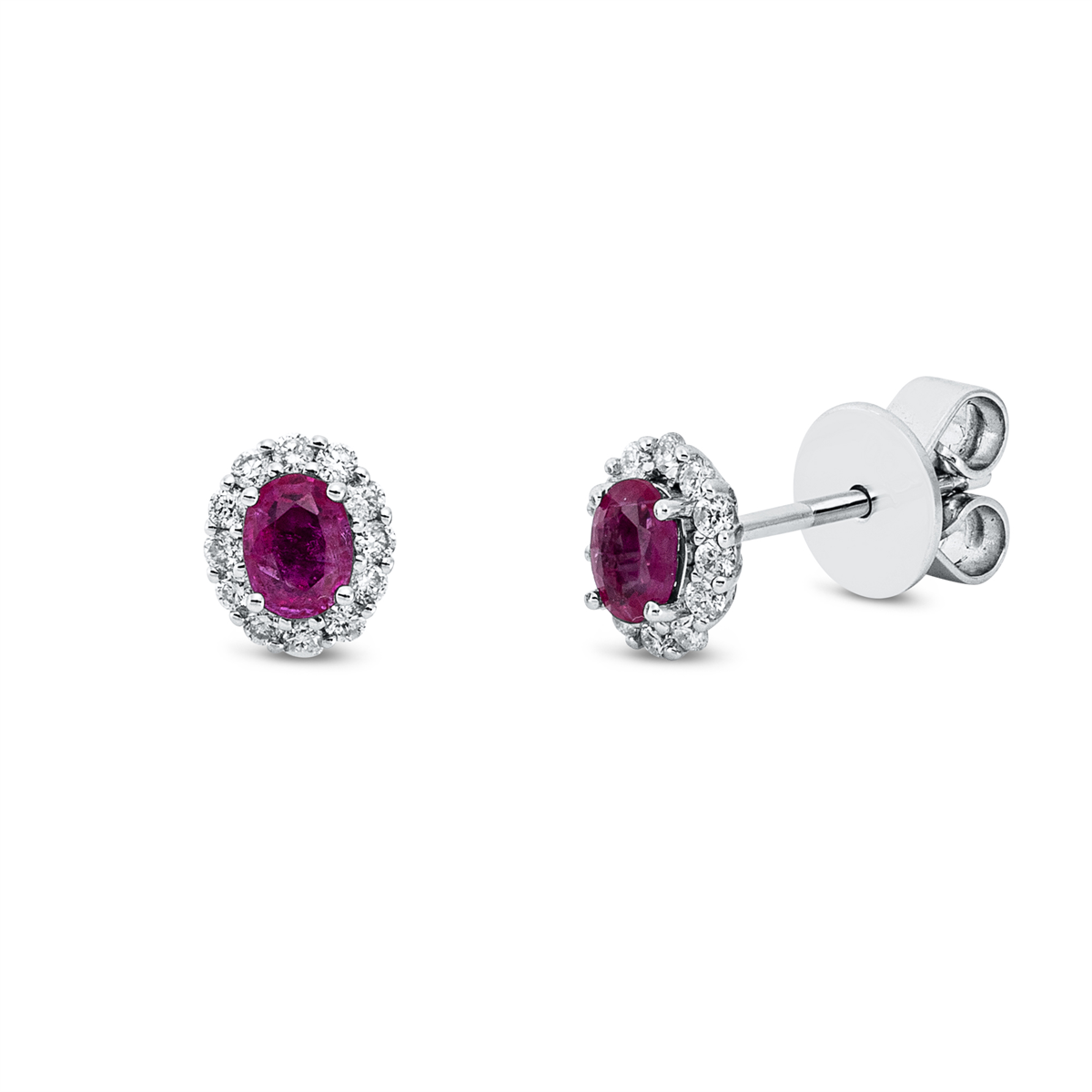 diamond full cut ruby colored stone classic studs in white gold