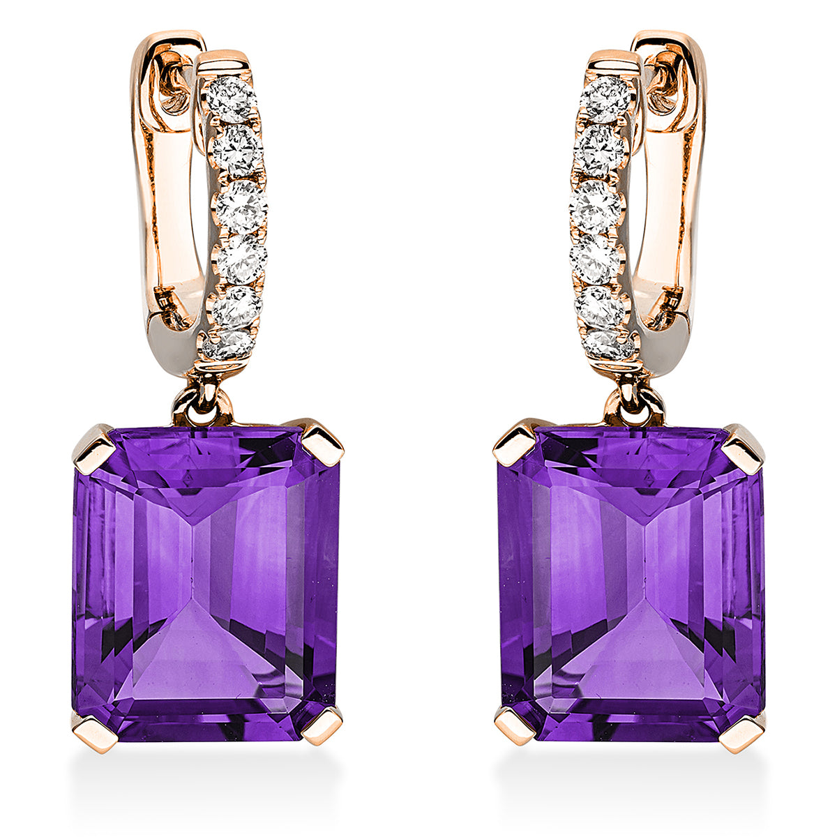 diamond full cut amethyst colored stone fashion earrings in red gold